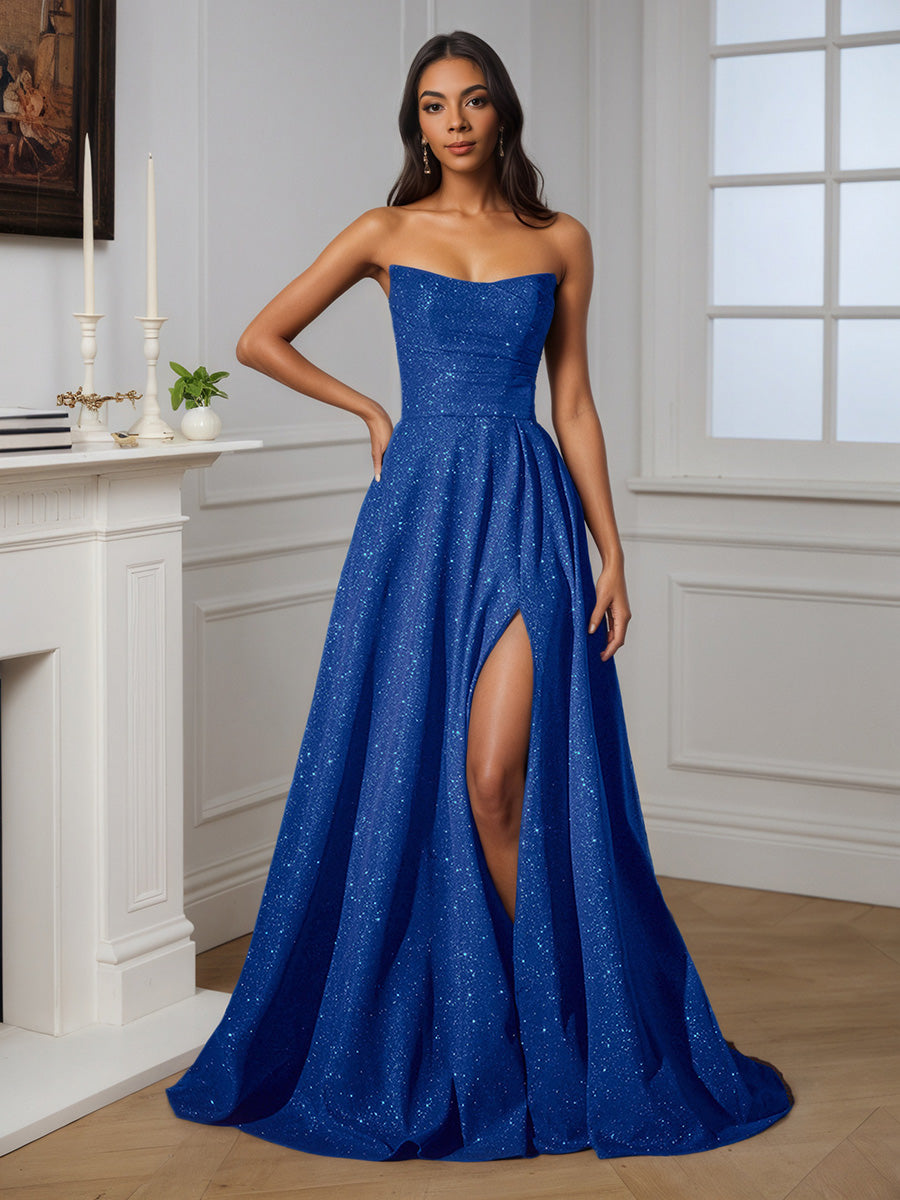 Cicinia Robe de Soirée BLEU ROYALE Longue A-Line à Jupe Plissée sans Bretelles Fente Longueur Sol avec Traîne Gracieuse