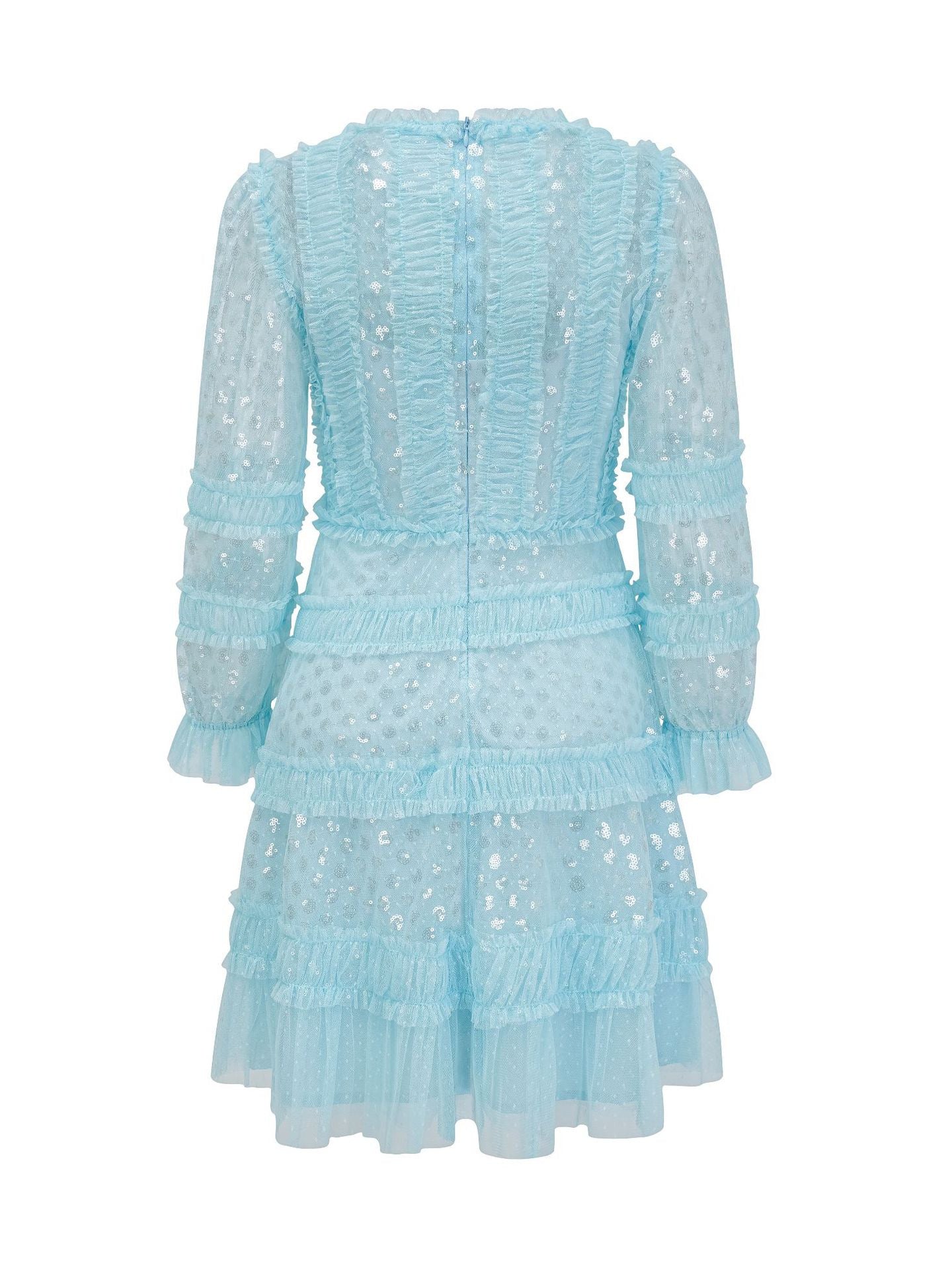 Robe Courte Trapèze Paillettes Col Rond Manches Longues Robe de Soirée en Bleu Ciel