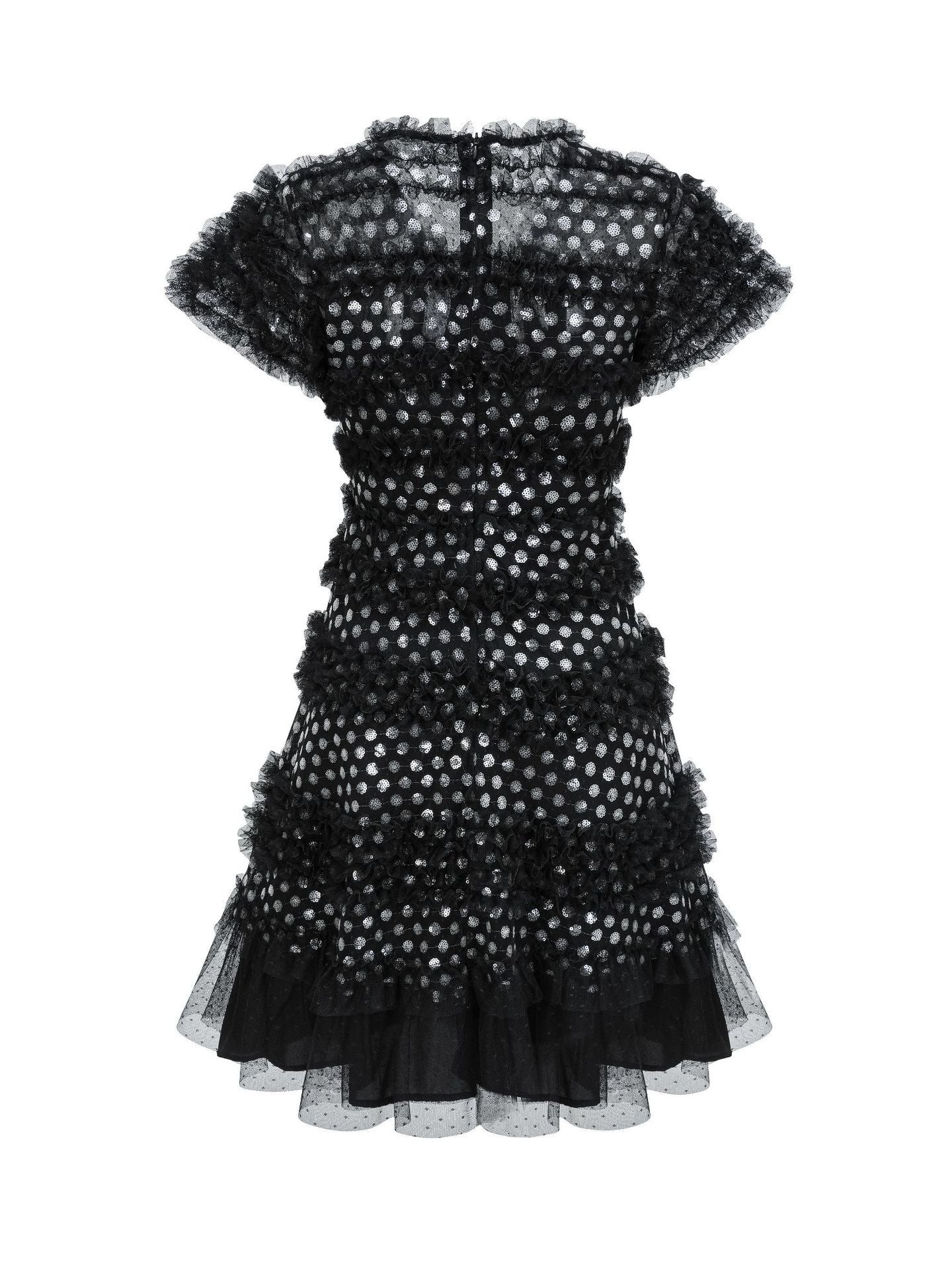 Robe Courte Paillettes Trapèze Col V Manches Courtes Robe de Soirée en Noir