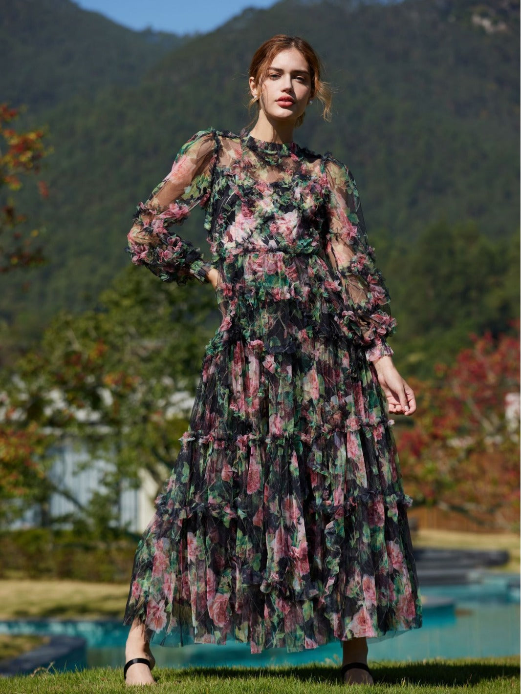 Robe Trapèze Col Rond à Volants Manches Longues Robe de Soirée en Noir