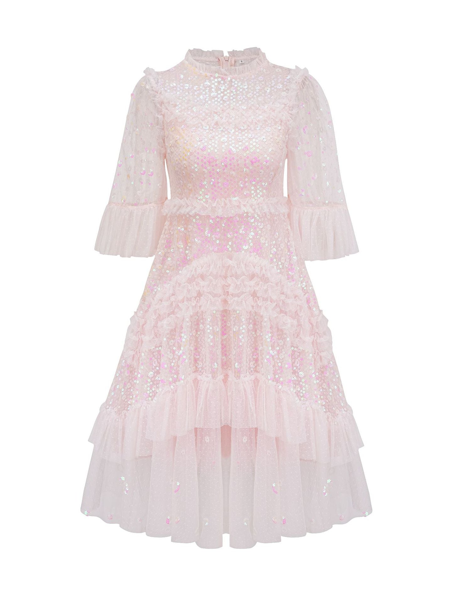 Robe Courte Trapèze Col Rond Paillettes Manches 3/4 Robe de Soirée en Rose