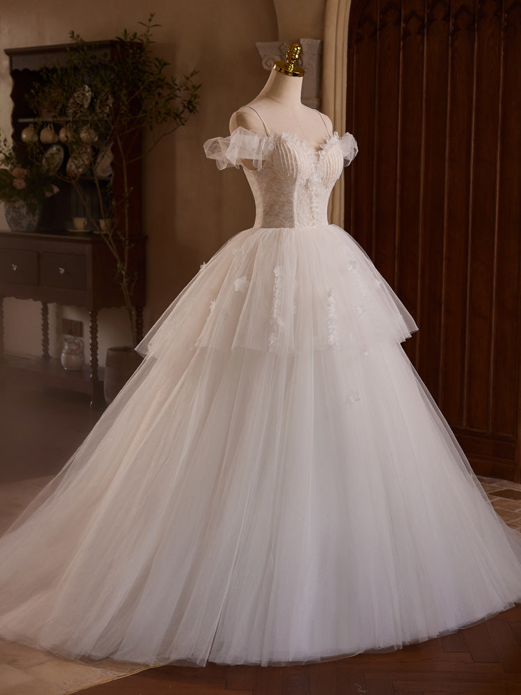 Robe de Mariée en Couches de Tulle à Bretelles Spaghetti et Épaules Dénudées Longueur Ras du Sol