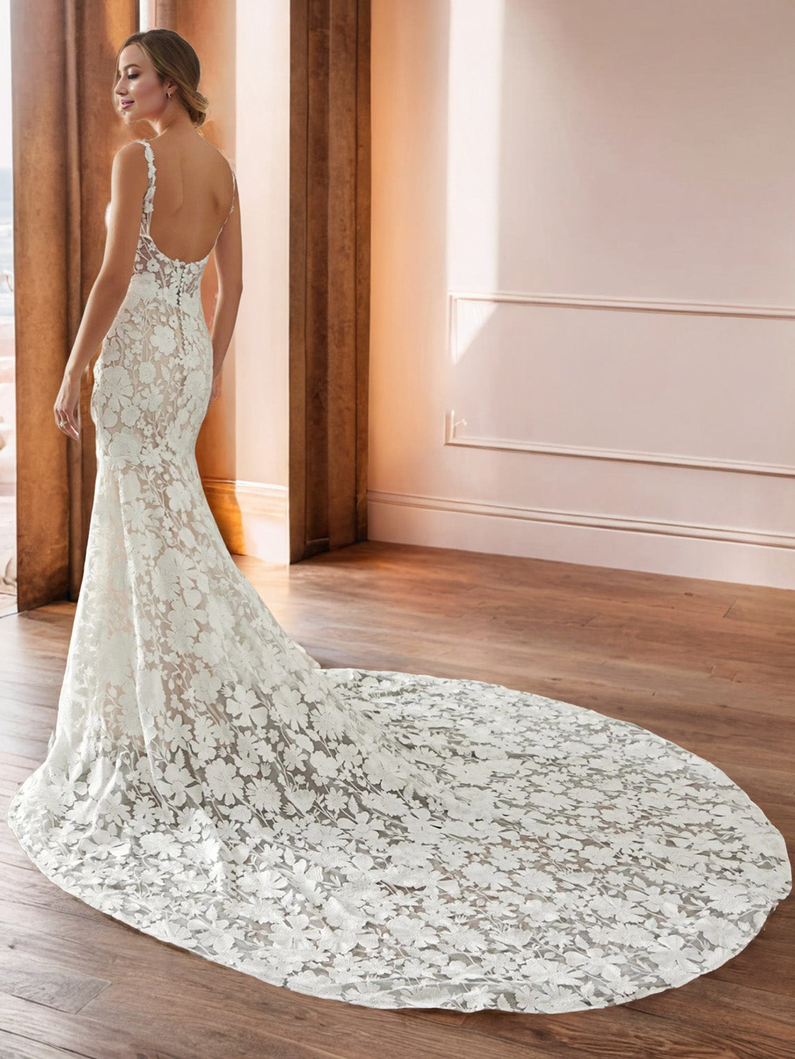 Col en Cuillère Dentelle Manche Amovible Robe de Mariage Sirène avec la Traîne de Chapelle