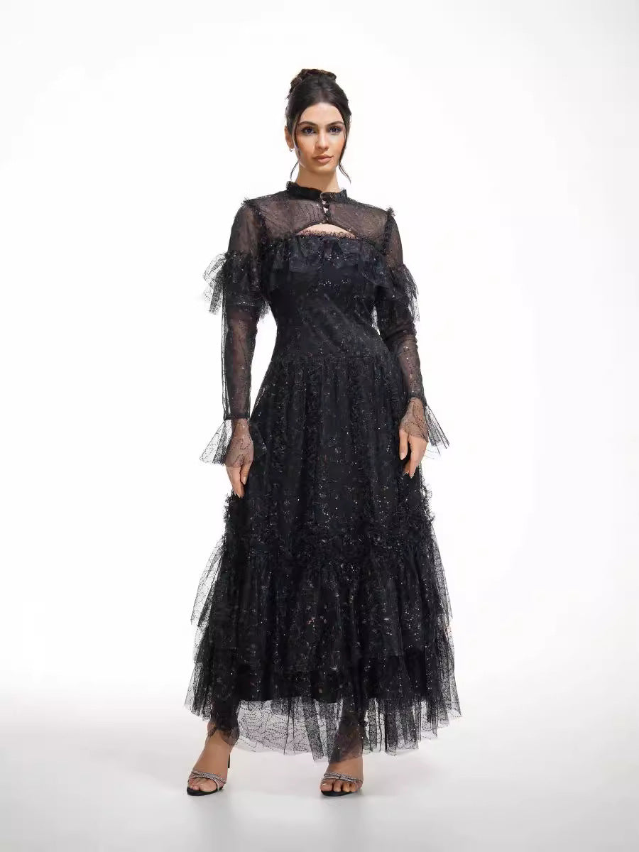 Robe Longue Trapèze Col Rond Manches Longues Robe de Soirée en Noir