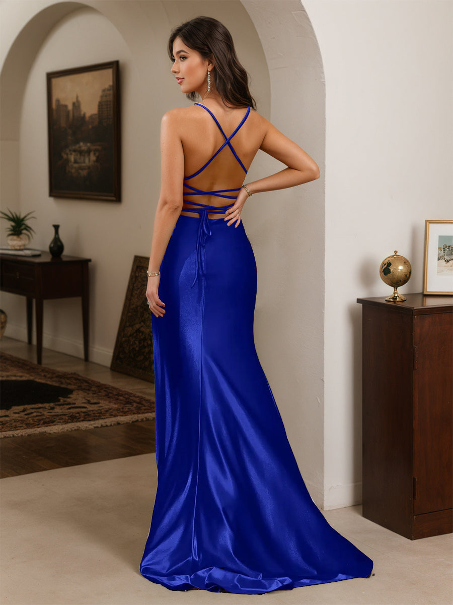Cicinia Robe de Soirée BLEU ROYALE Longue Fourreau à Bretelles Spaghetti Dos Nud Fente