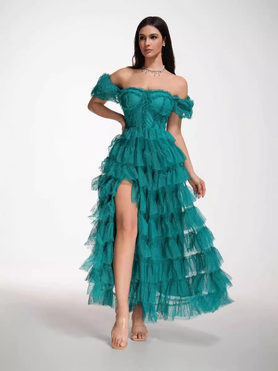 Robe Longue Trapèze Cache Cœur Manches Courtes Robe de Soirée en Paon