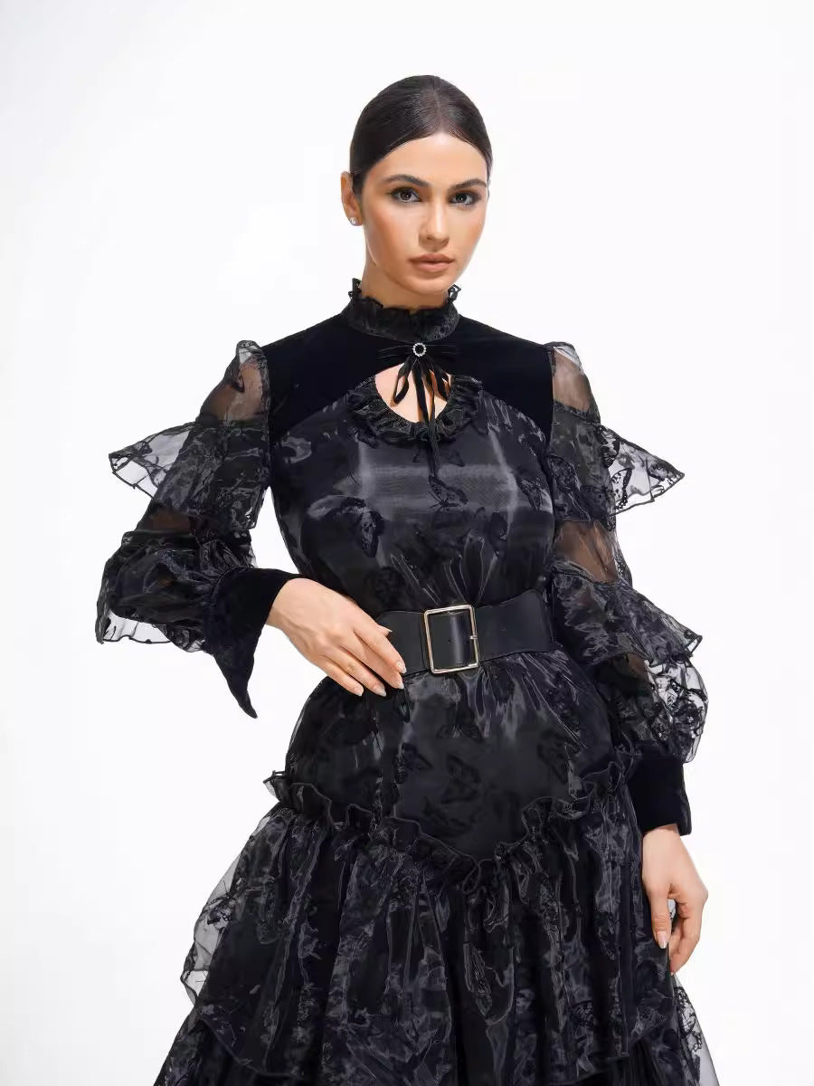 Robe Longue Trapèze Col Roulé Mi-Haut Manches Longues Robe de Soirée en Noir