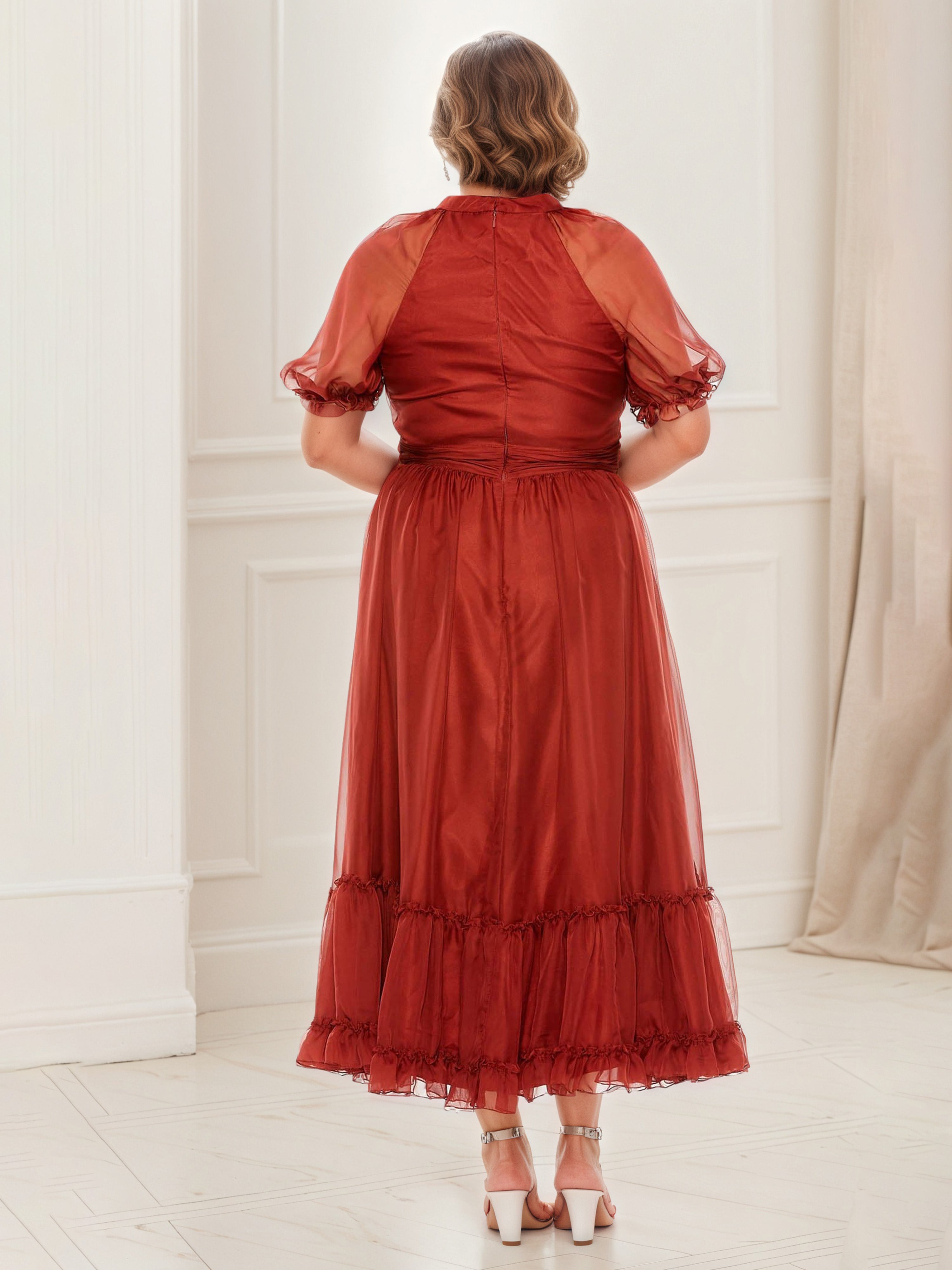 Elégante Robe de Soirée Rouge Col Rond Tulle Trapèze à Manches Courtes Transparentes