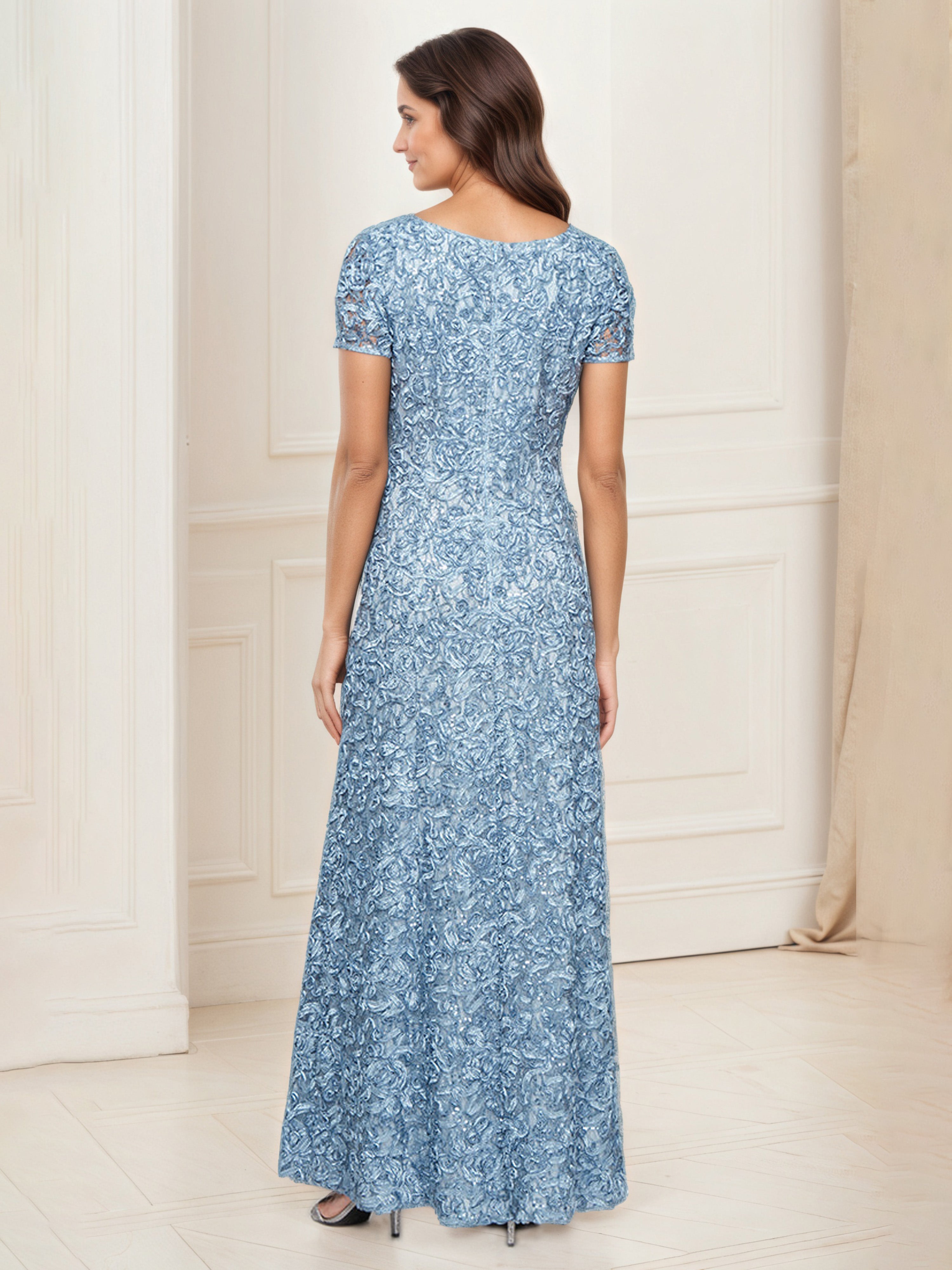 Robe Mere dela Mariee BLEU Col Rond Robe à Paillettes et Dentelle Manches Courtes