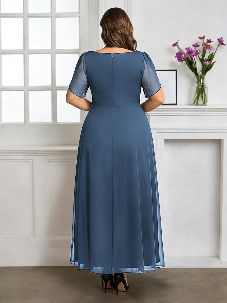 Cicinia Robe pour Mère de la Mariée BLEU POUDRE Longue A-Line en Mousseline Manches Courtes Décolleté en V Longueur Cheville Grande Taille