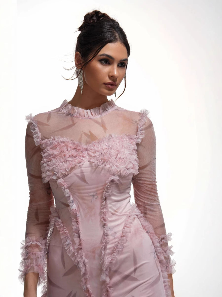 Robe Longue Sirène Col Roulé Mi-Haut à Volants Manches Longues Robe de Soirée