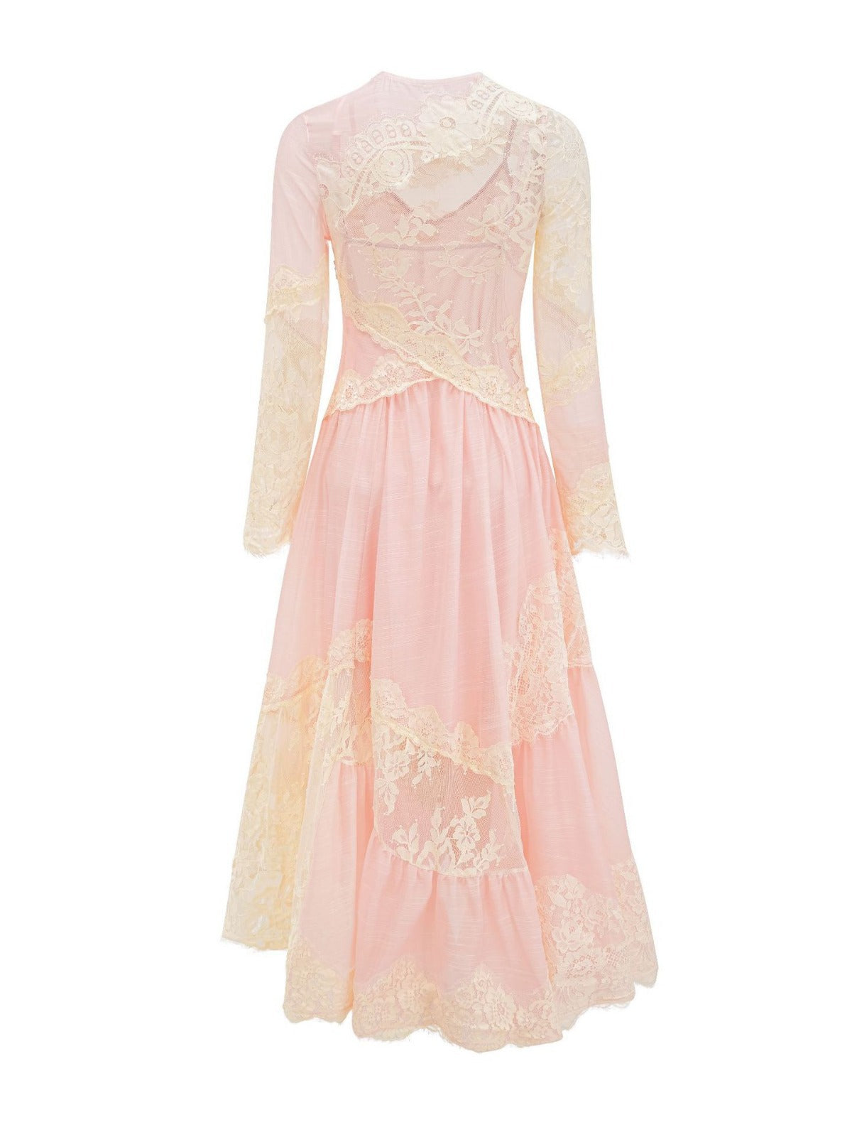 Robe Asymétrique Dentelle Col Rond Manches Longues Robe de Soirée en Rose