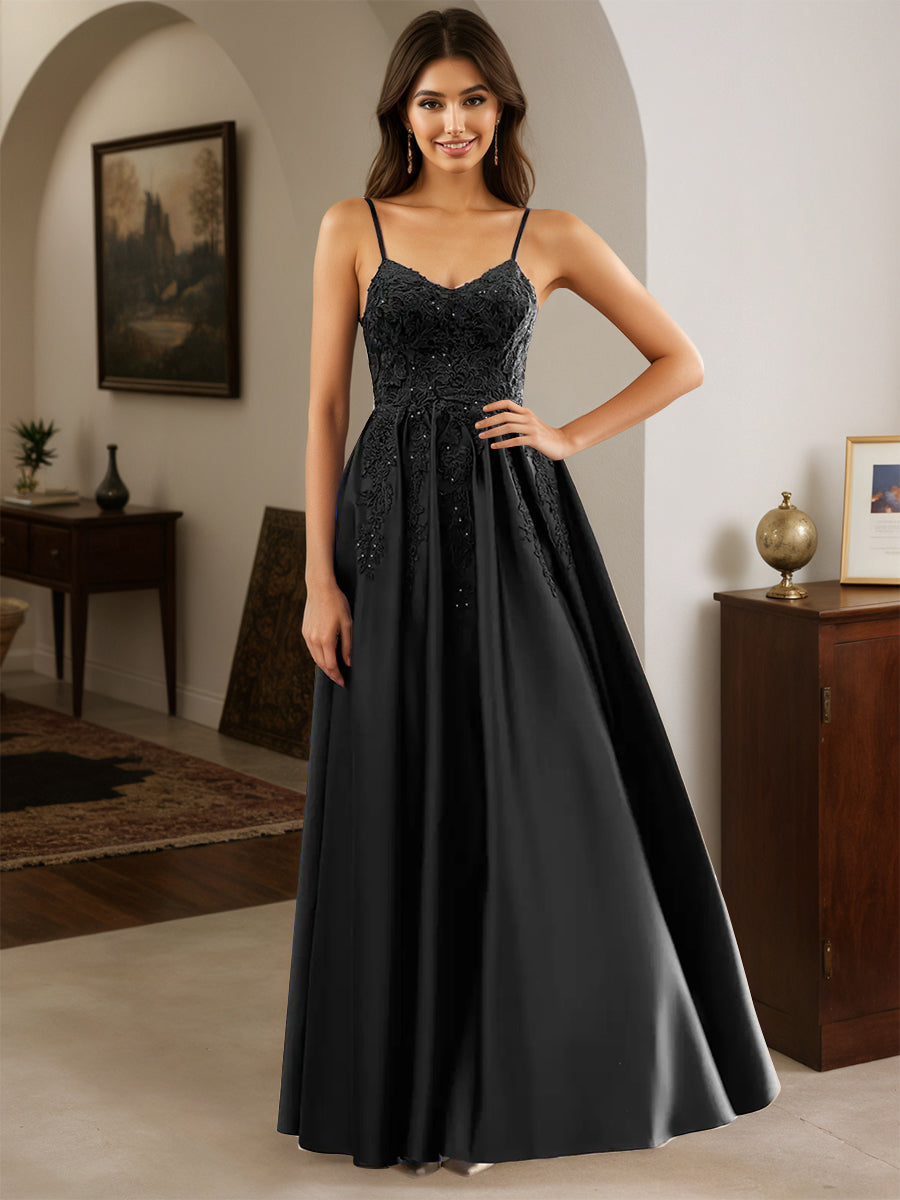 Cicinia Robe de Soirée NOIR Longue A-Line en Satin Appliqués Dentelle Longueur Sol