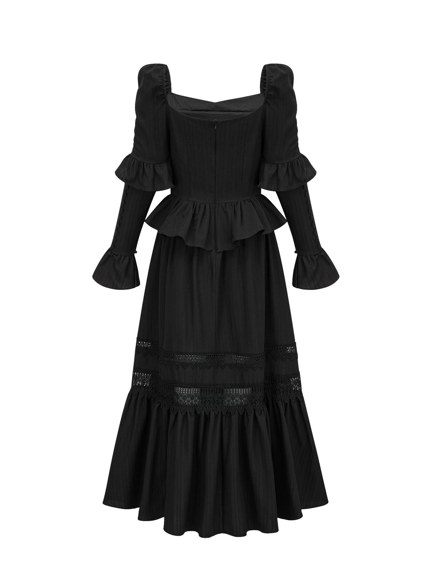 Robe Longue Trapèze Col Carré Manches Longues Robe de Soirée en Noir