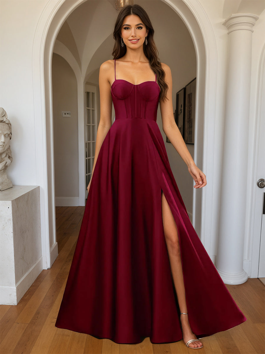 Cicinia Robe de Soirée BORDEAUX Longue A-Line en Satin à Bretelles Spaghetti Décolleté Cœur Longueur Sol