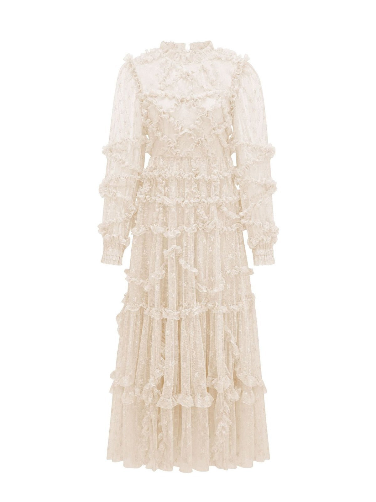 Robe Longue Broderie Trapèze Col Rond Manches Longues Robe de Soirée en Abricot