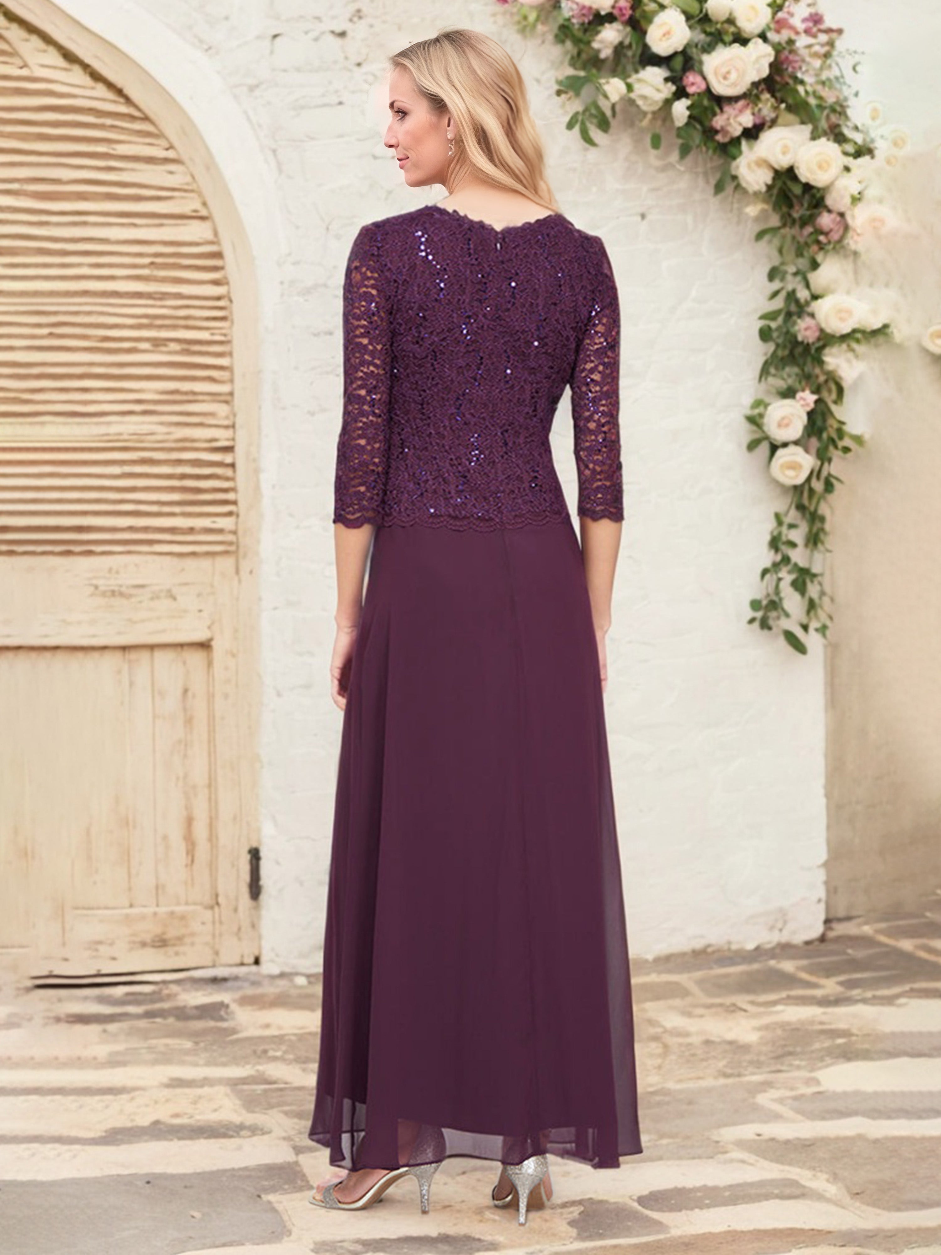 Robe Cérémonie Mariage Mère Du Marié CABERNET Manches 3/4 Dentelle et Mousseline Robe Mère de la Mariée