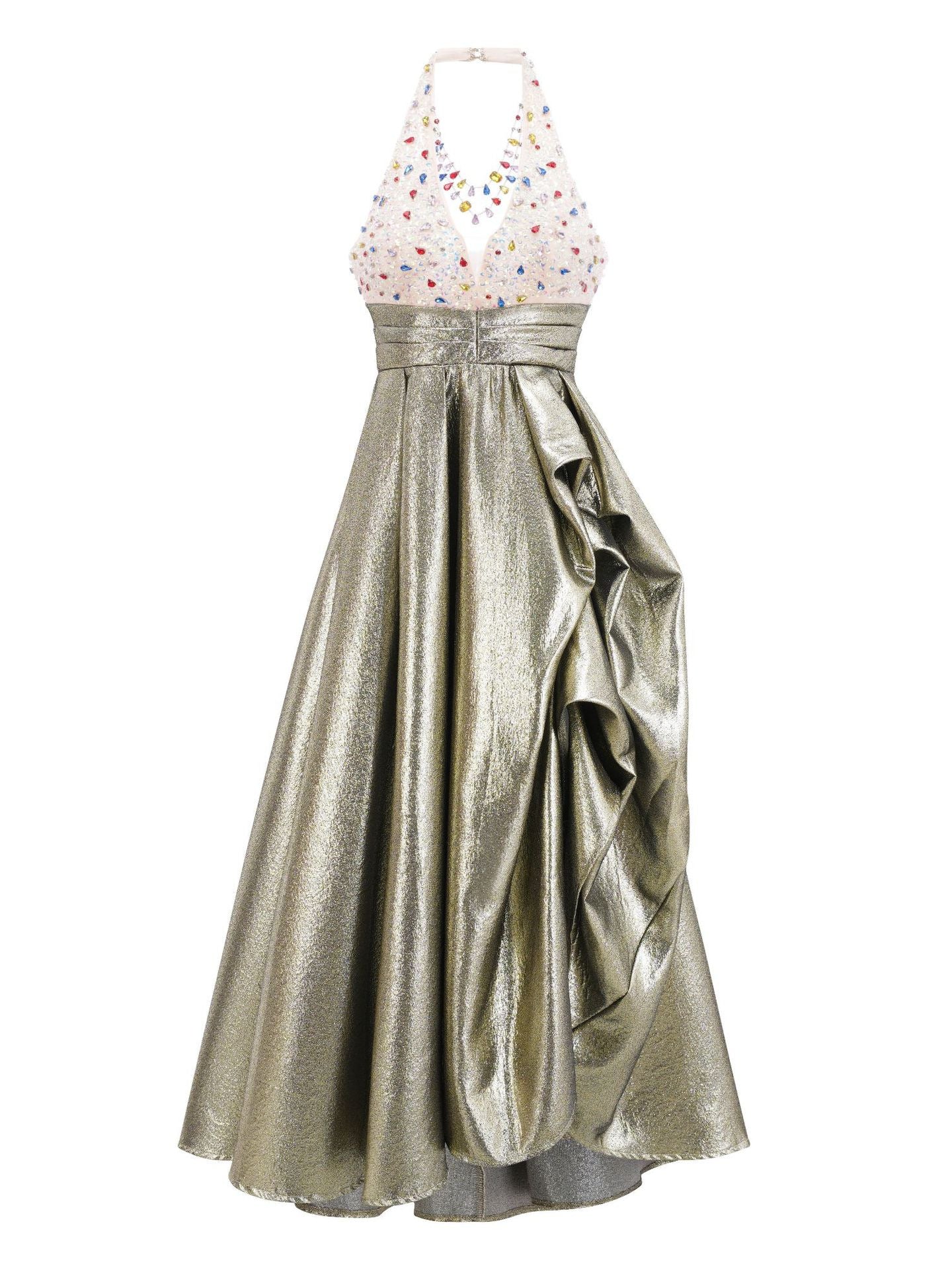 Robe Longue Licou Trapèze Col V Sans Manches Robe de Soirée en Or