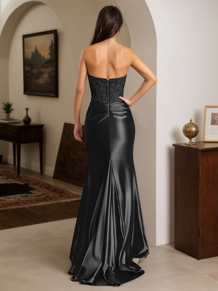 Cicinia Robe de Soirée Noire Longue en Satin Extensible Fourreau sans Bretelles Appliqués Dentelle