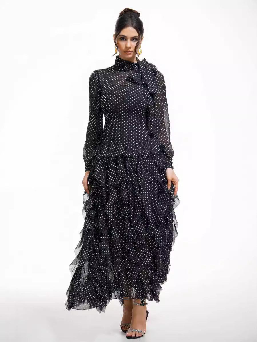 Robe Noeud Papillon Trapèze Col Roulé Mi-Haut Manches Longues Robe de Soirée en Noir