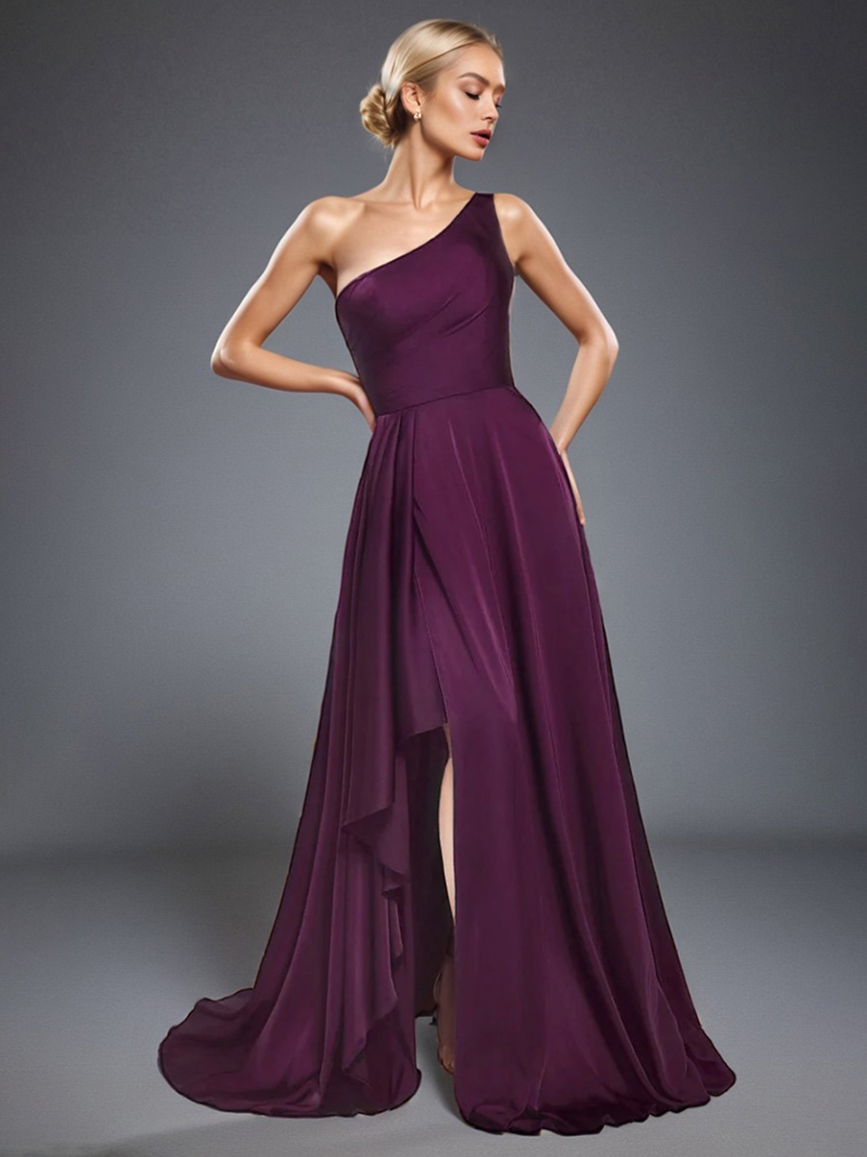 Robe de Soirée Raisin Trapèze Seule épaule Satin Doux Robe de Soirée à traîne