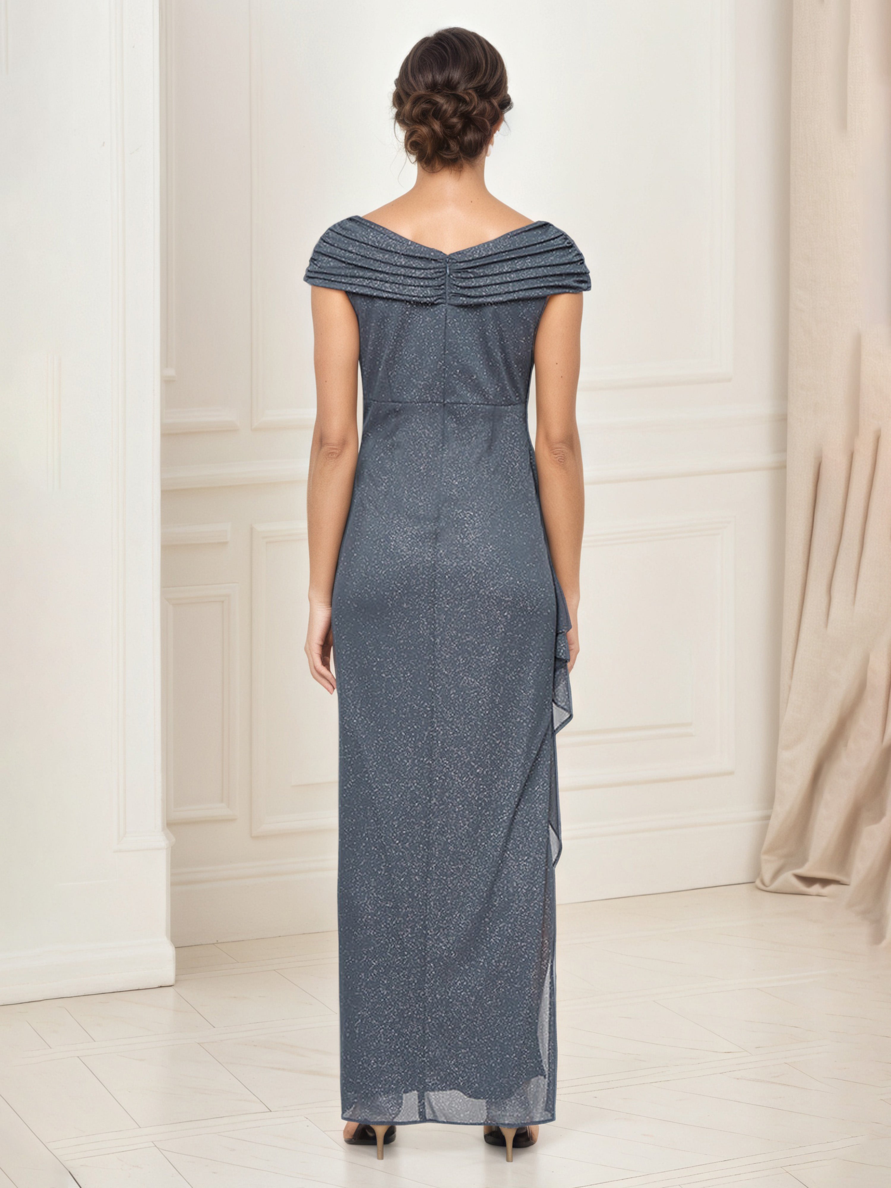 Robe Cérémonie Mariage Mère Du Marié GRIS_ACIER Manchette Robe Plissée Fourreau/Colonne