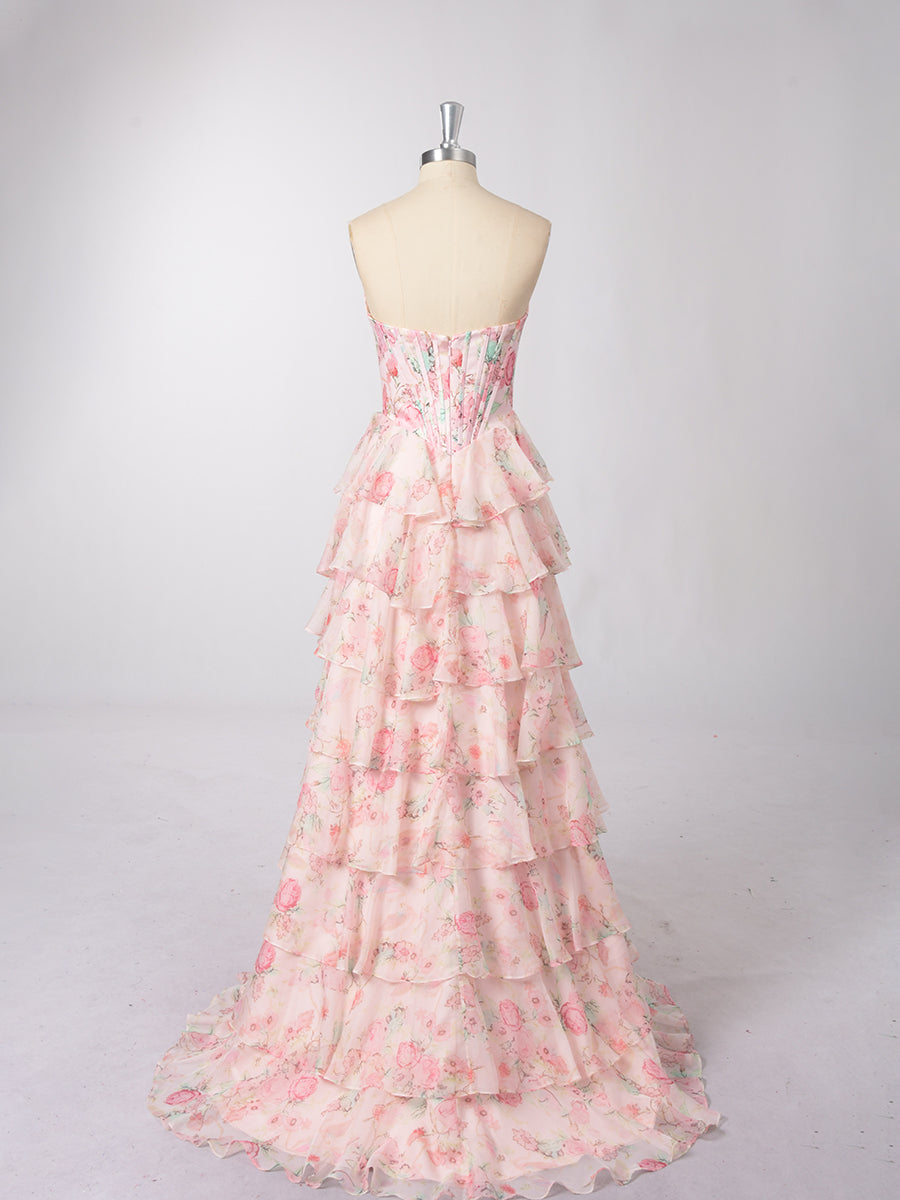 Cicinia ROSE PALE Robe de Soirée Longue en Tissu Imprimé A-Line sans Manches Fente à Volants