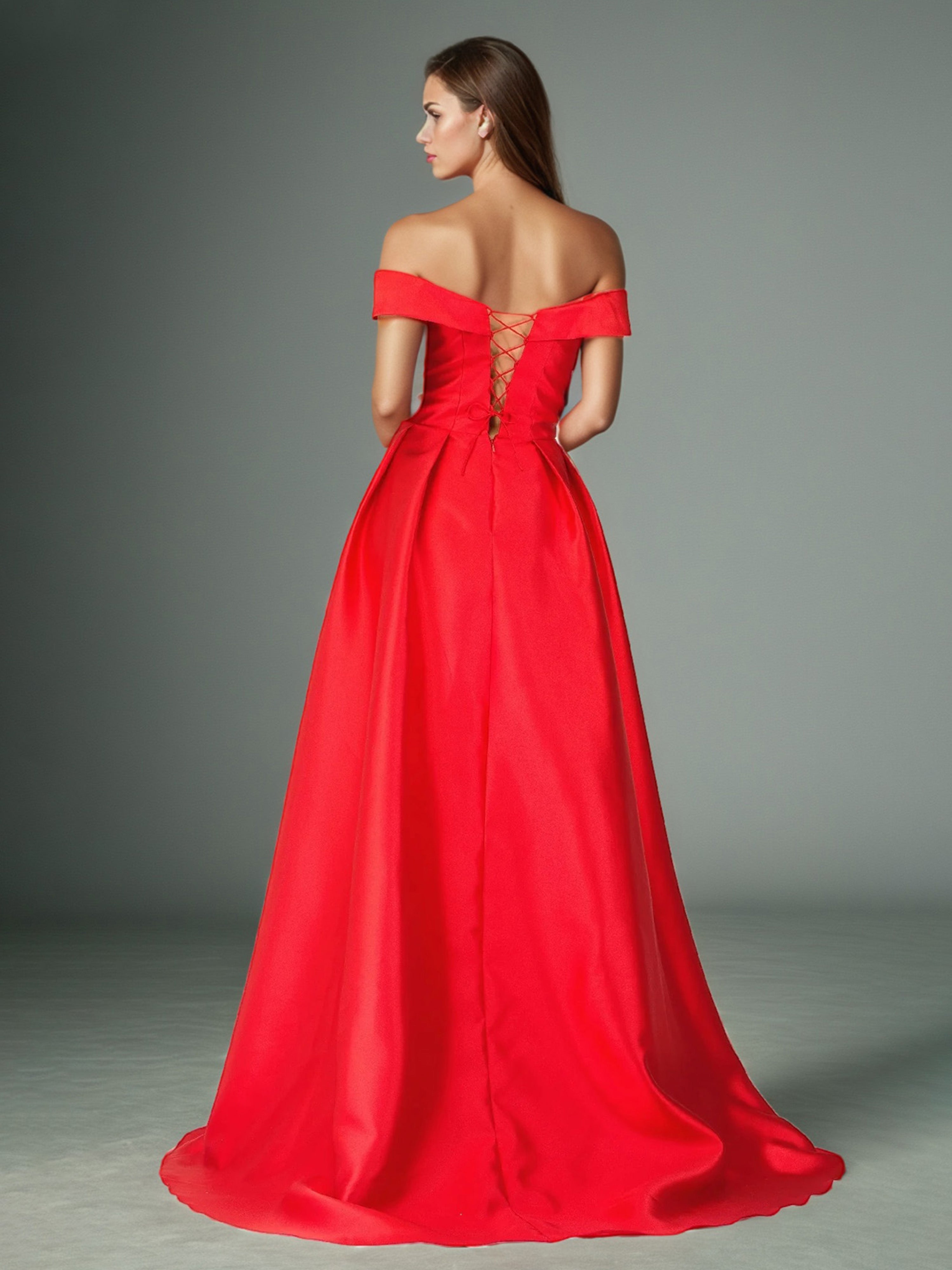 Robe de Soirée Rouge Epaule Dénudée Trapèze Robe de Soirée en Satin