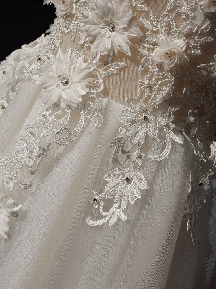 Robe de Mariée Ivoire Longueur Ras du Sol à Épaules Dénudées avec Appliques Florales