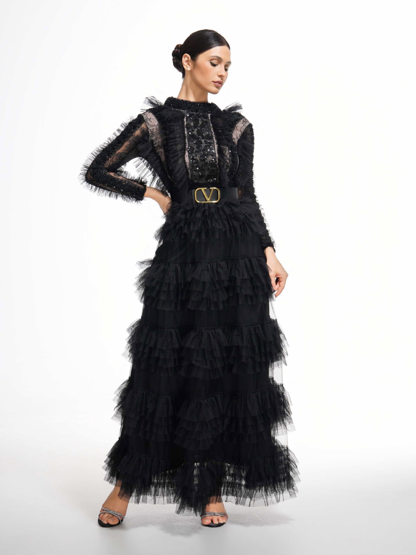 Robe Longue Trapèze Col Montant Manches Longues Robe de Soirée en Noir