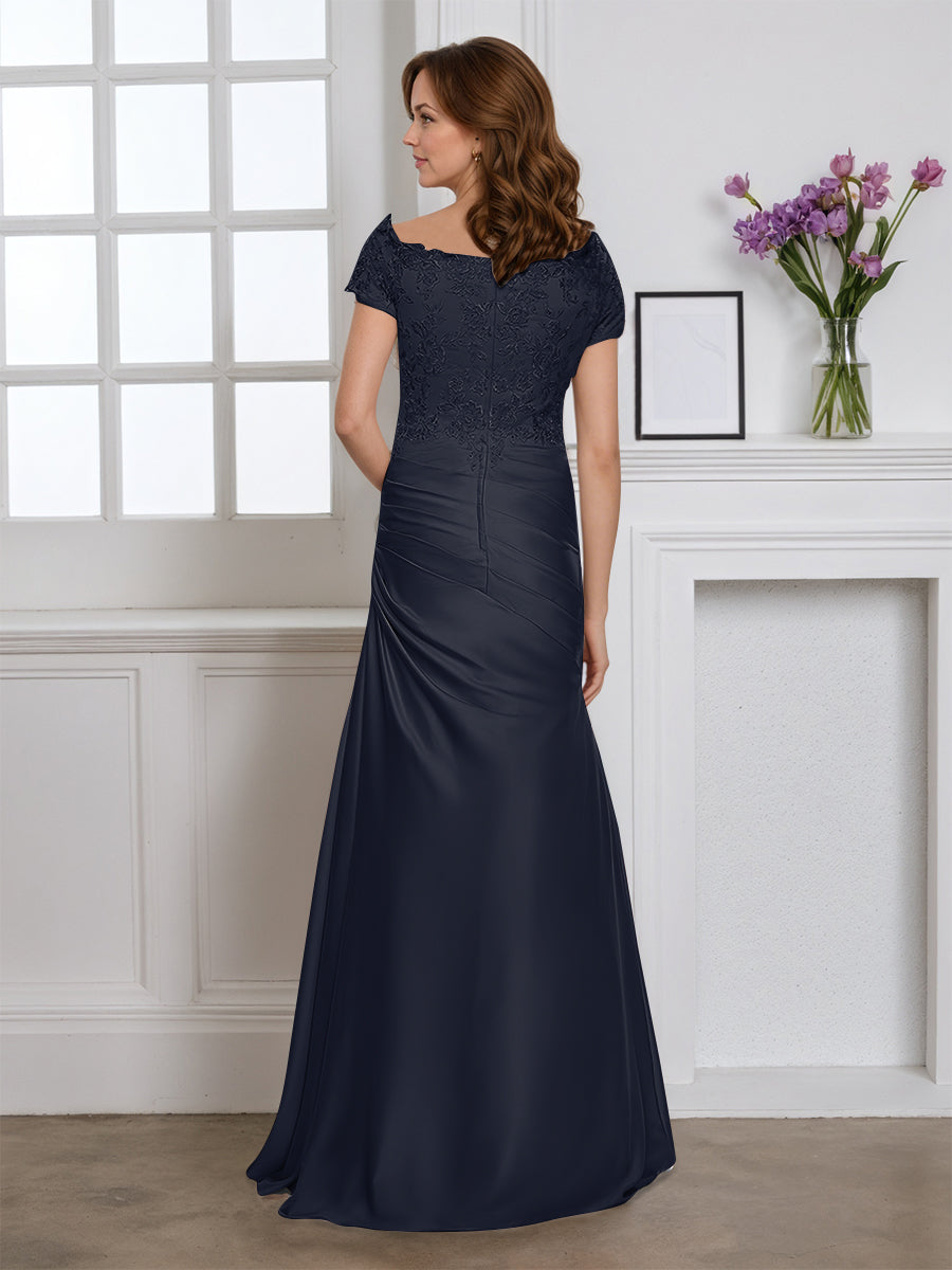 Cicinia Robe pour Mère de la Mariée BLEU MARINE Longue en Satin Doux Fourreau Manches Capelines