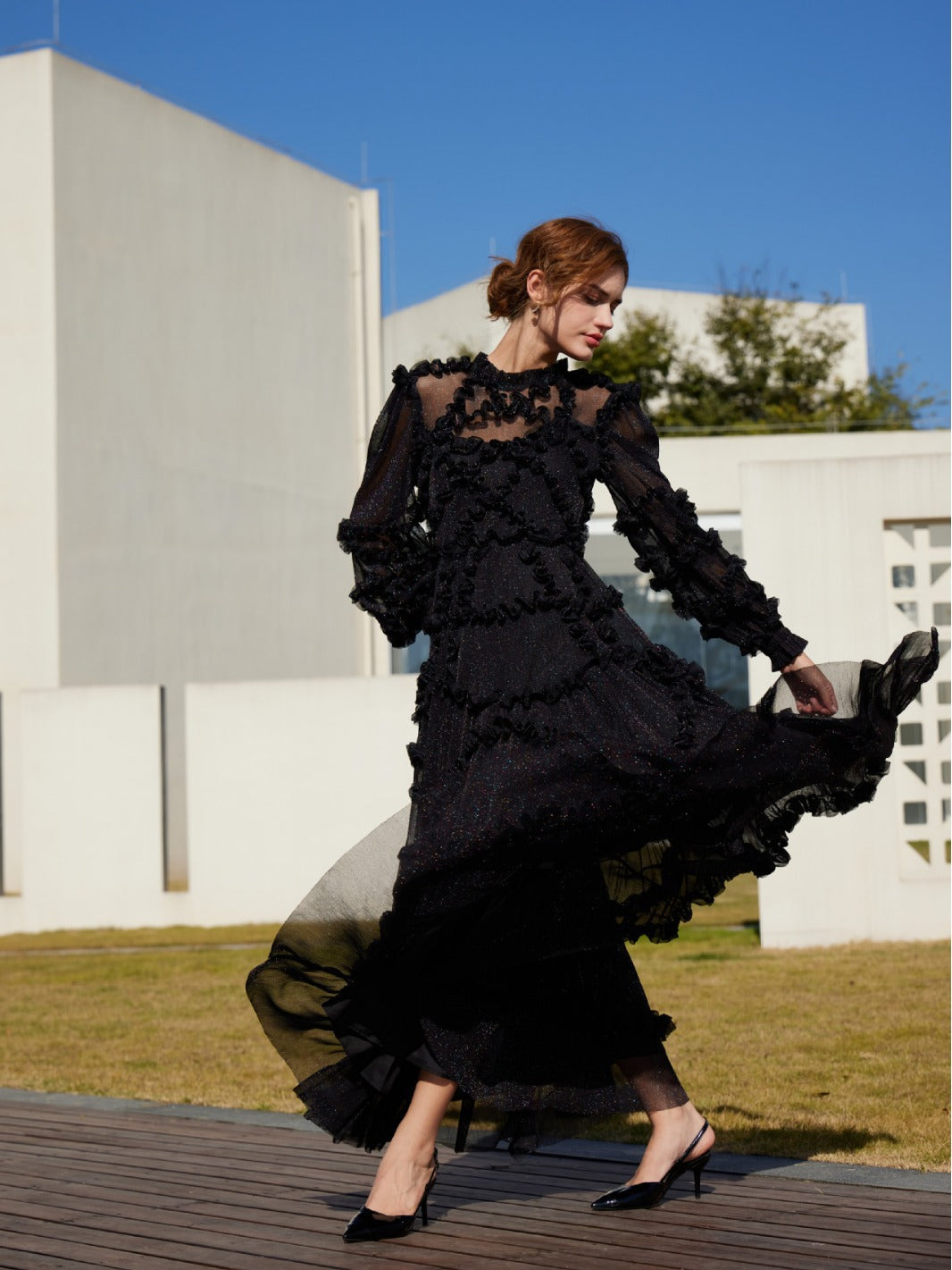 Robe Trapèze Empire Col Rond Manches Longues Robe de Soirée en Noir