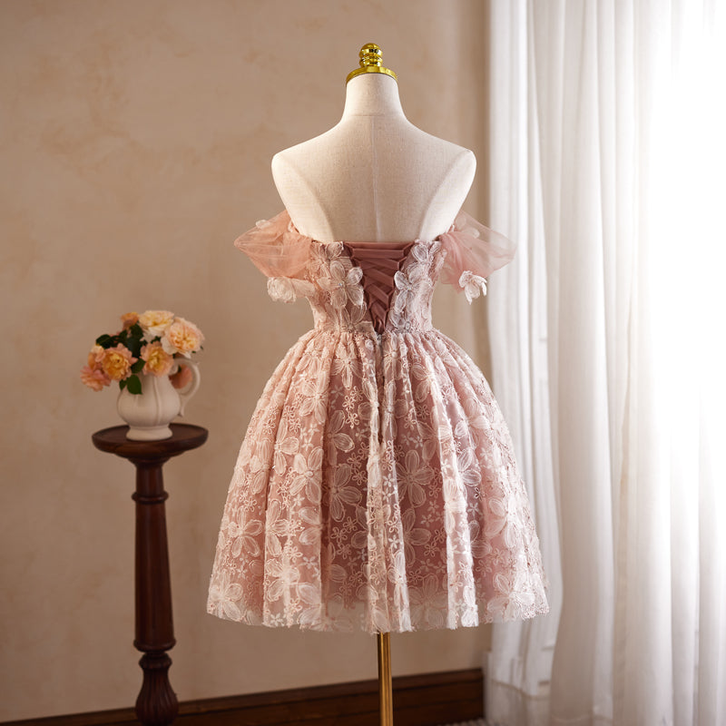 Robe de bal Rose en Tulle et Dentelle à Épaules Dénudées avec Appliques de Fleurs