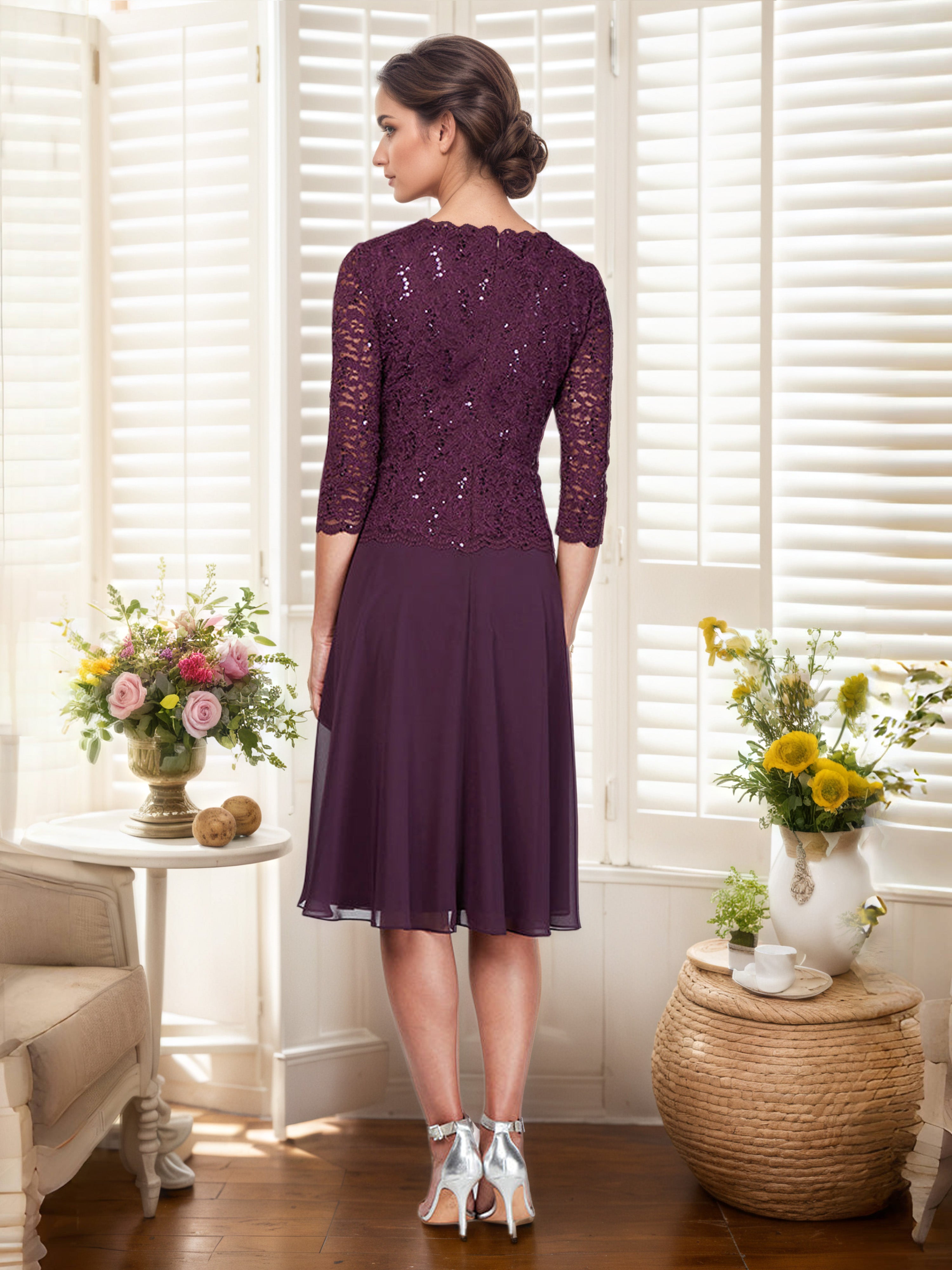 Robe Mère de la Mariée Cabernet Trapèze Col Rond Robe Mi-Longue avec Corsage en Dentelle à Paillettes