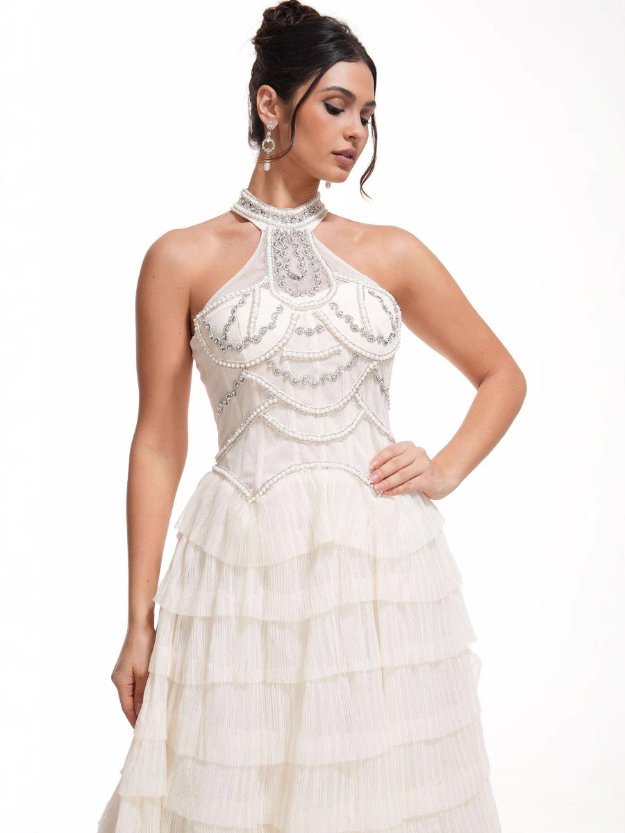 Robe Licou Trapèze Sans Manches Robe de Soirée en Abricot