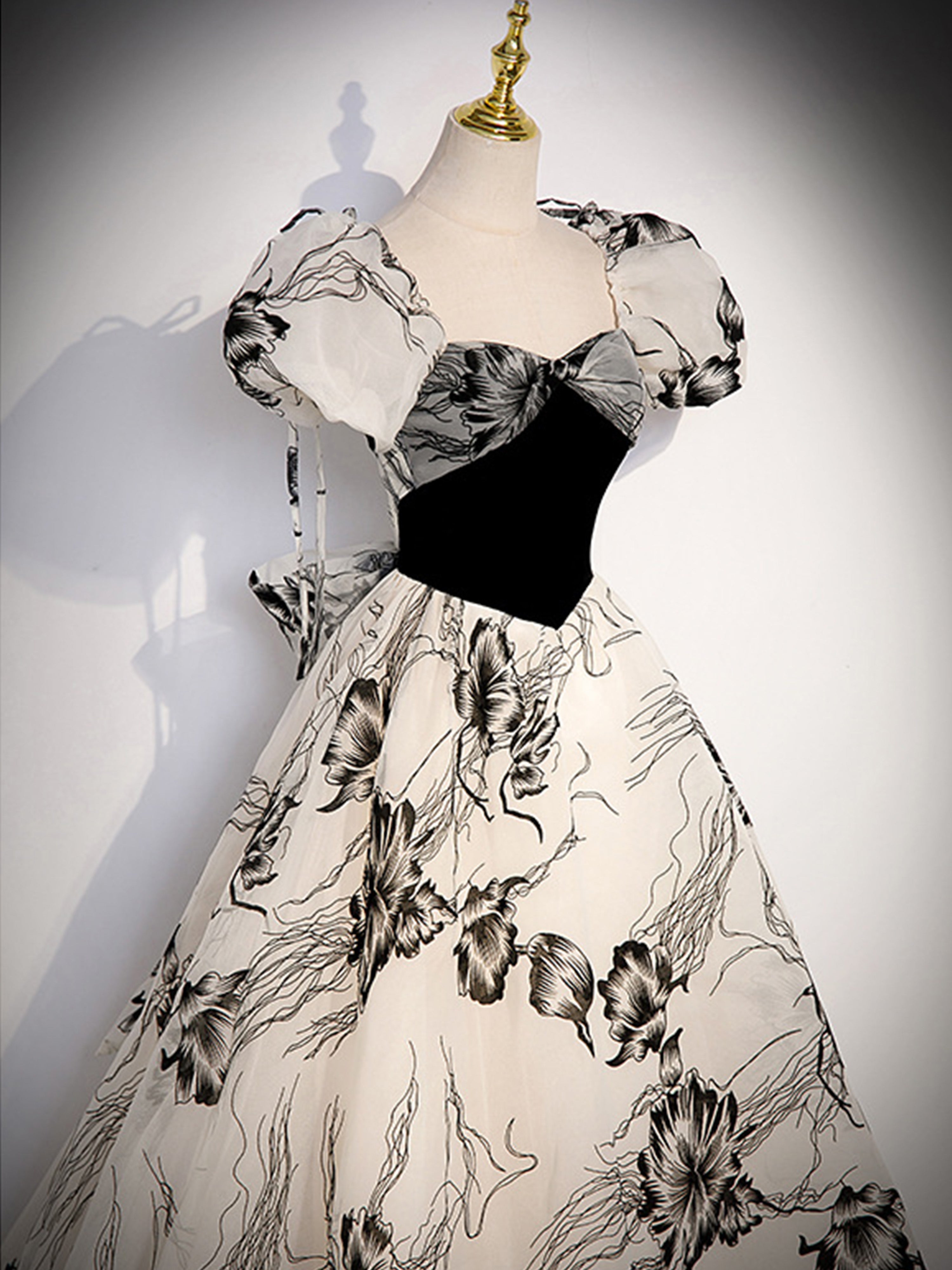 2 Pièces Trapèzes Col Cœur Manches Bouffantes Longueur Ras de la Cheville Robe de Demoiselle d'Honneur en NOIR