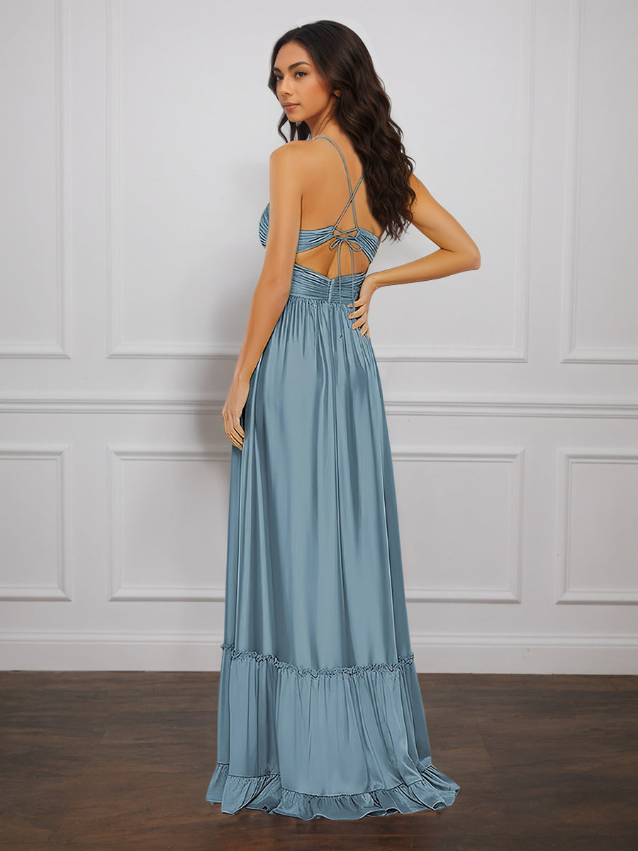 Cicinia Bleu Poussiéreux Robe de Soirée Longue en Satin Doux A-Line Bretelles Spaghetti Traîne Balayée