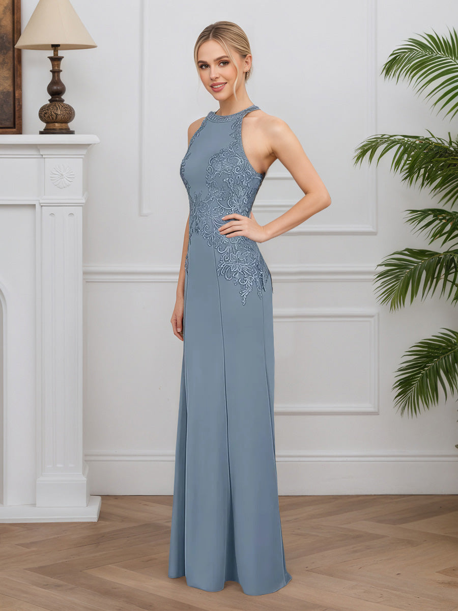 Cicinia Bleu Poussiéreux Robe pour Mère de la Mariée Longue en Tissu Extensible Licou Fourreau sans Manches