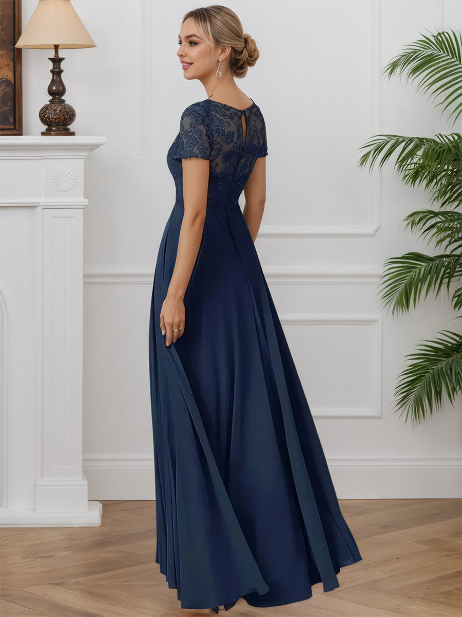 Cicinia Bleu Marine Robe pour Mère de la Mariée Longue en Mousseline et Dentelle A-Line Manches Courtes