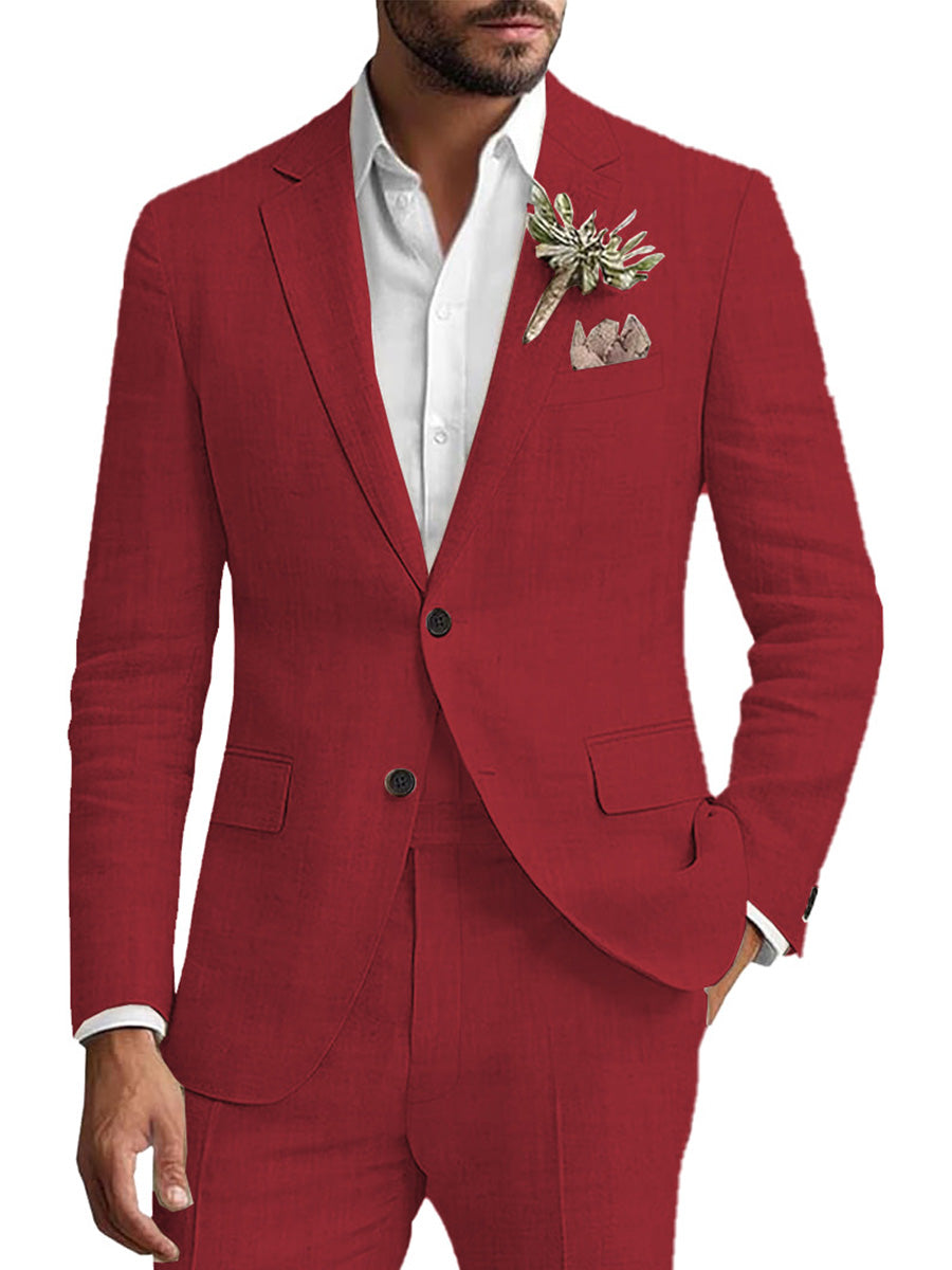 Costume Homme 2 Pièces ROUGE en Lin Pour le Marié et les Affaires Décontractées Élégance Respirante
