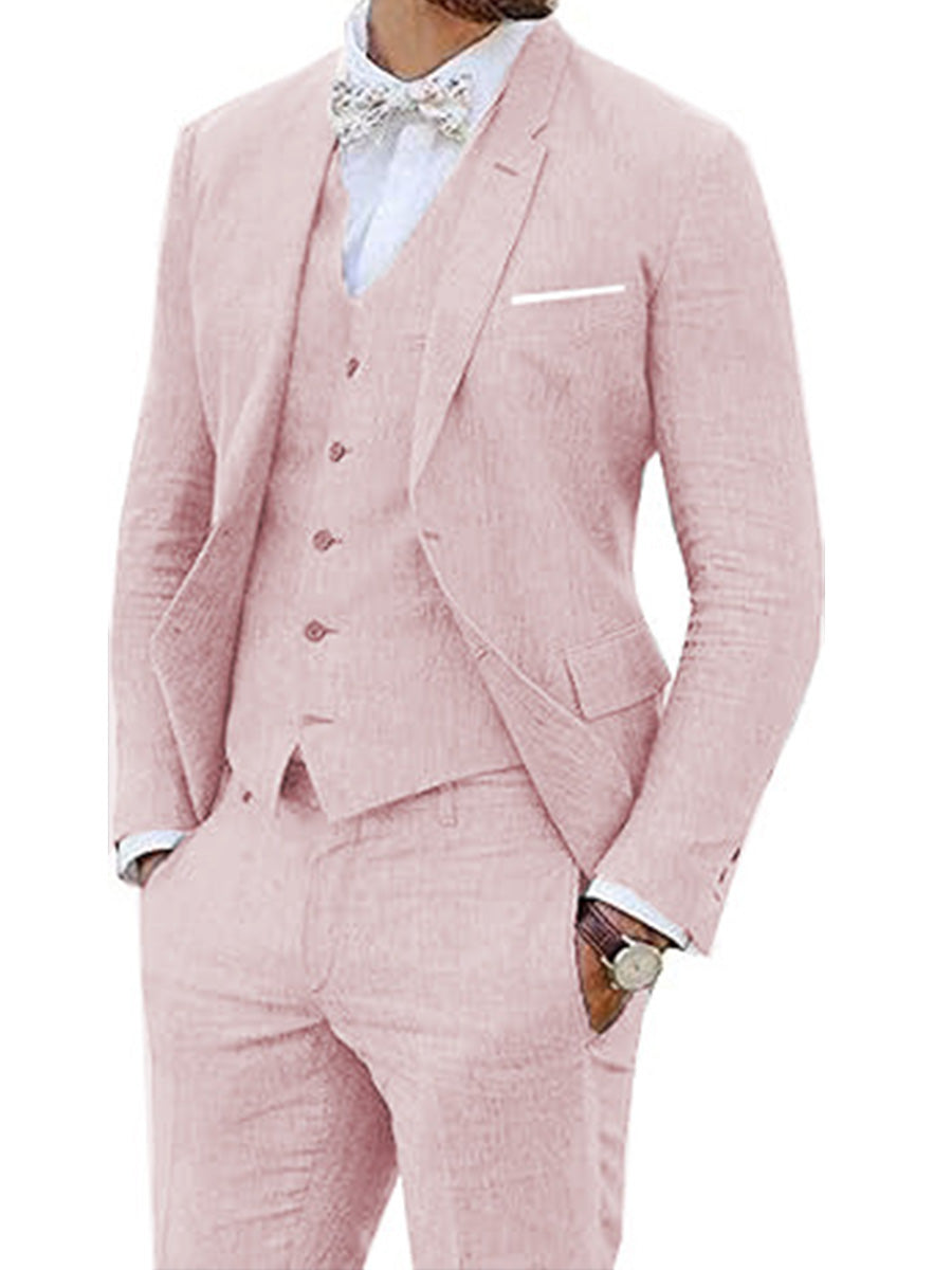 Costume 3 Pièces Homme en ROSE en Lin Style Rétro avec Veste Queue-de-Pie pour Mariage et Bal