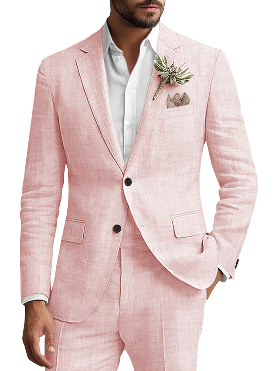 Costume Homme 2 Pièces ROSE en Lin Pour le Marié et les Affaires Décontractées Élégance Respirante
