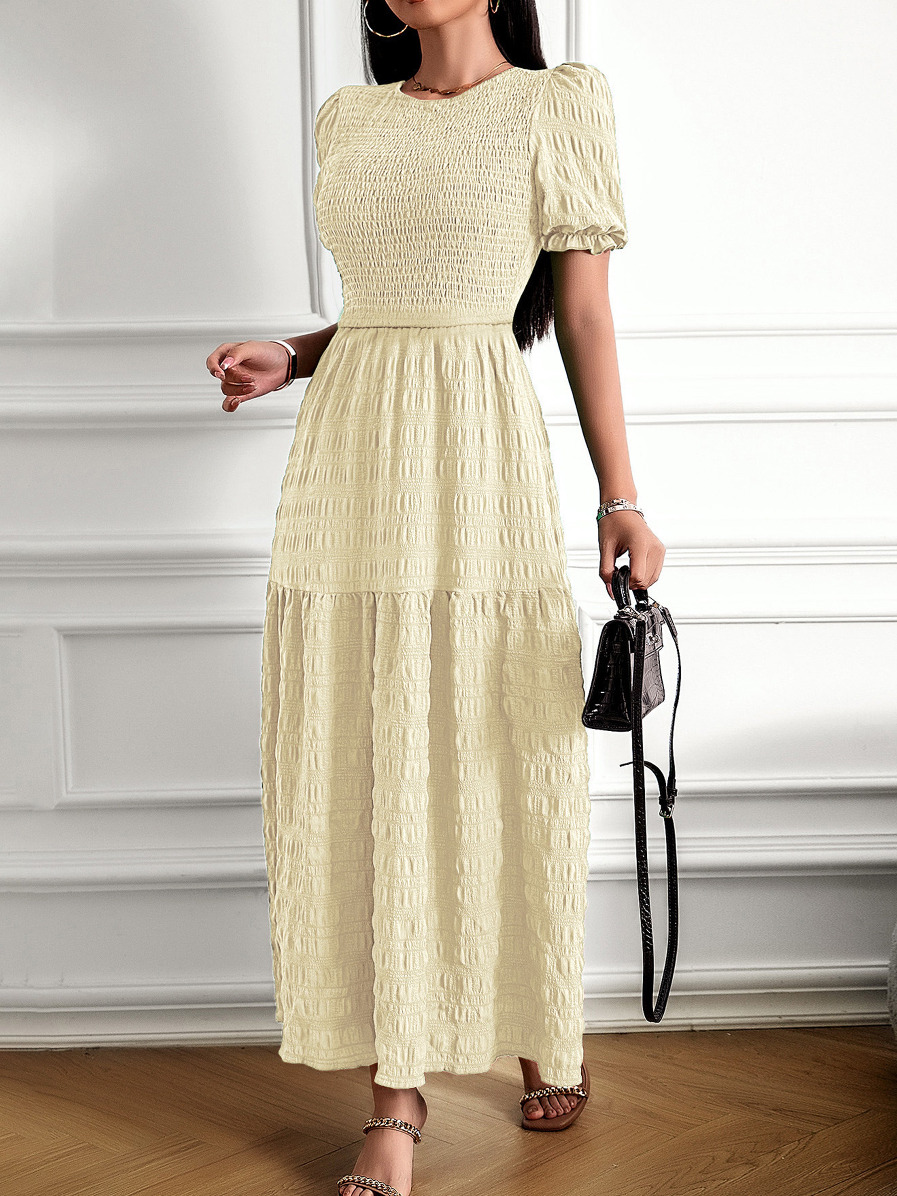 Robe Longue Trapèze Col Rond Manches Courtes à Volants Robe Invitée de Mariage en Ivoire