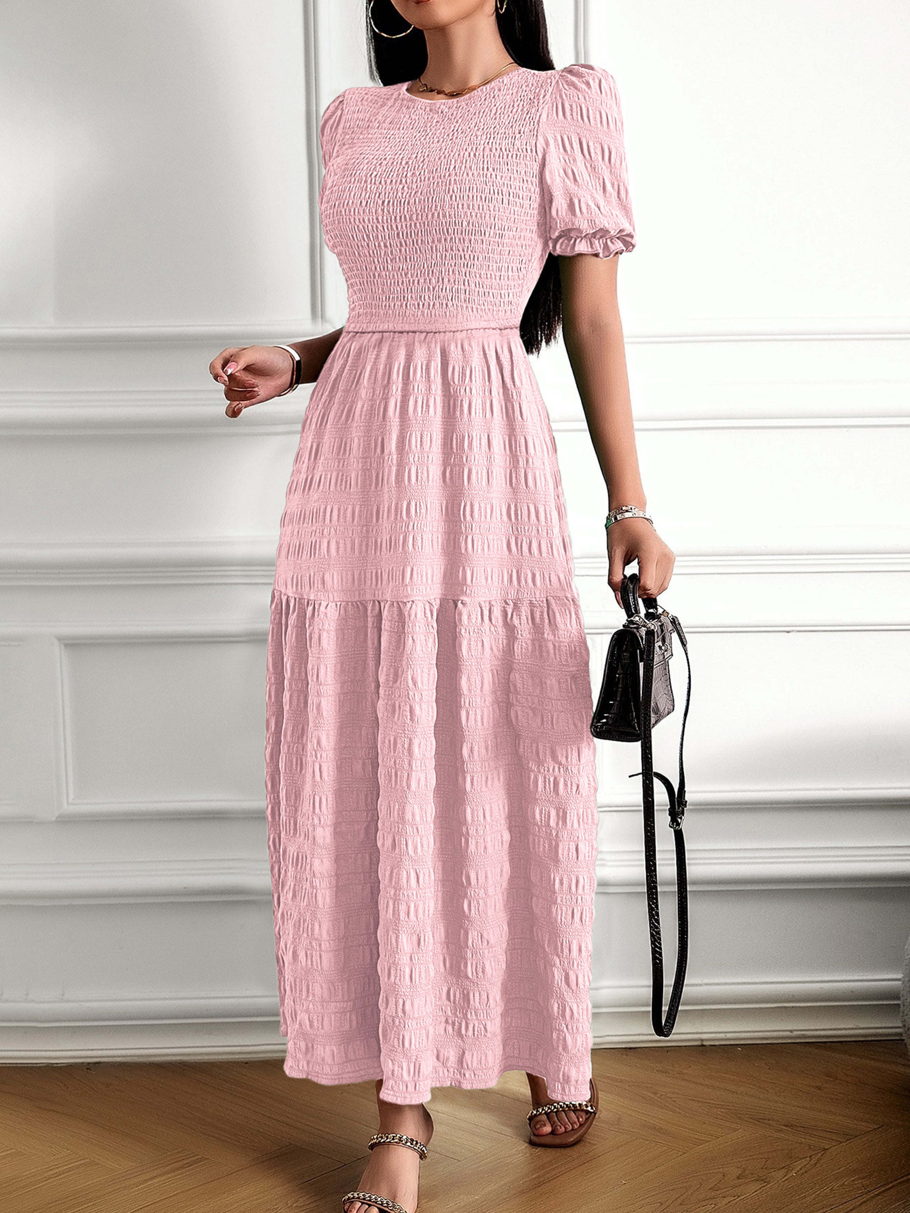 Robe Longue Trapèze Col Rond Manches Courtes à Volants Robe Invitée de Mariage en Rose