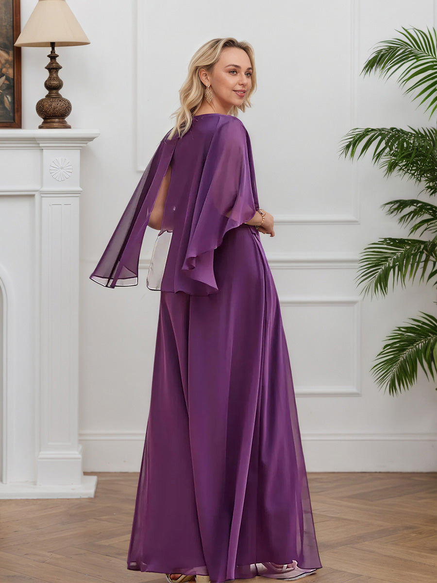Cicinia Violet Tahiti Robe pour Mère de la Mariée Longue en Chiffon A-Line Manches Trois-Quarts Perlé