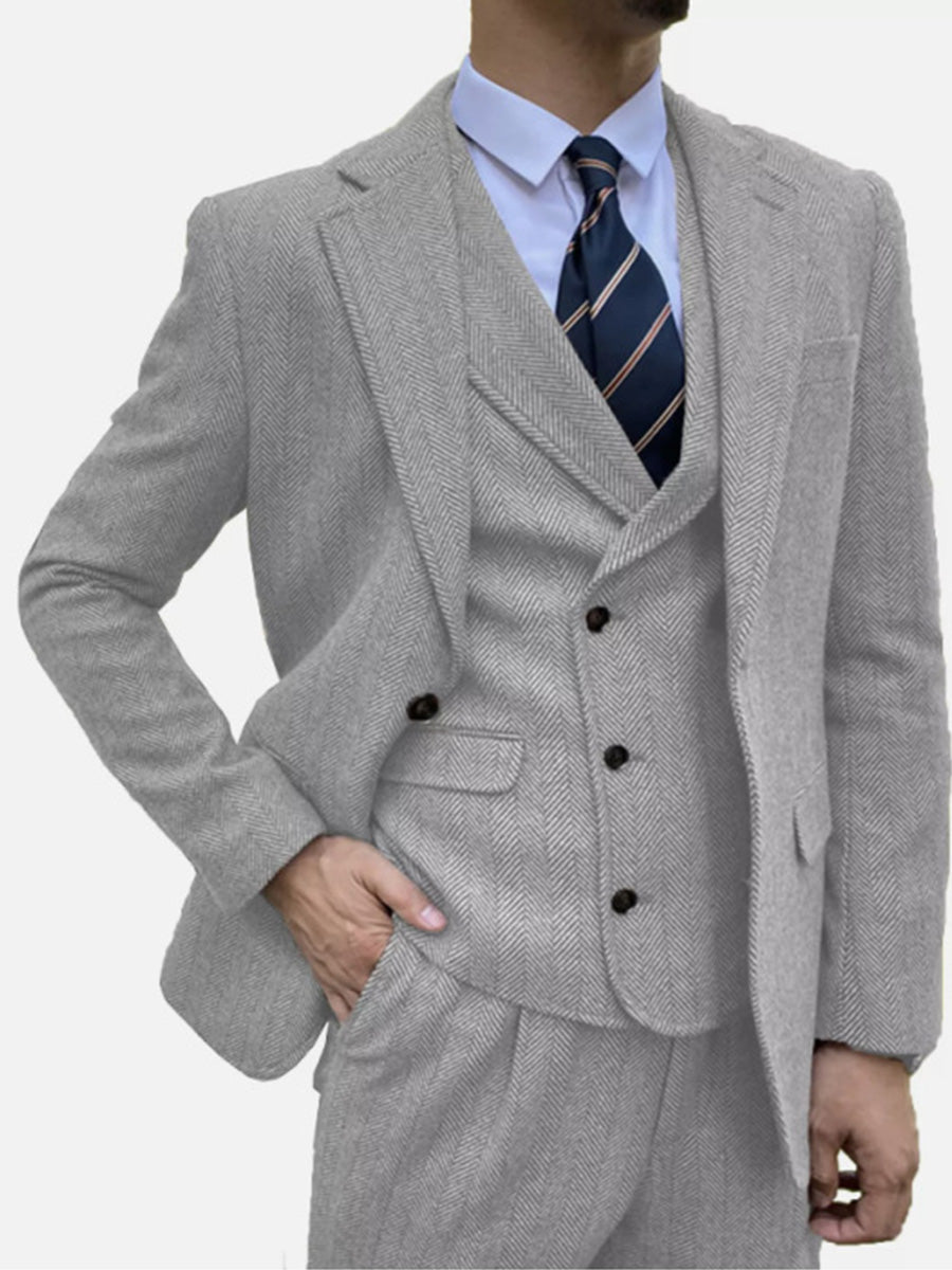Costume Homme 3 Pièces en ARGENT en Tweed à Motif Chevron Style Rétro et Coupe Slim pour Affaires Décontracté