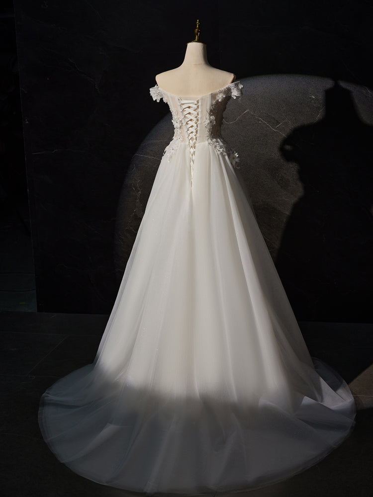 Robe de Mariée Ivoire Longueur Ras du Sol à Épaules Dénudées avec Appliques Florales