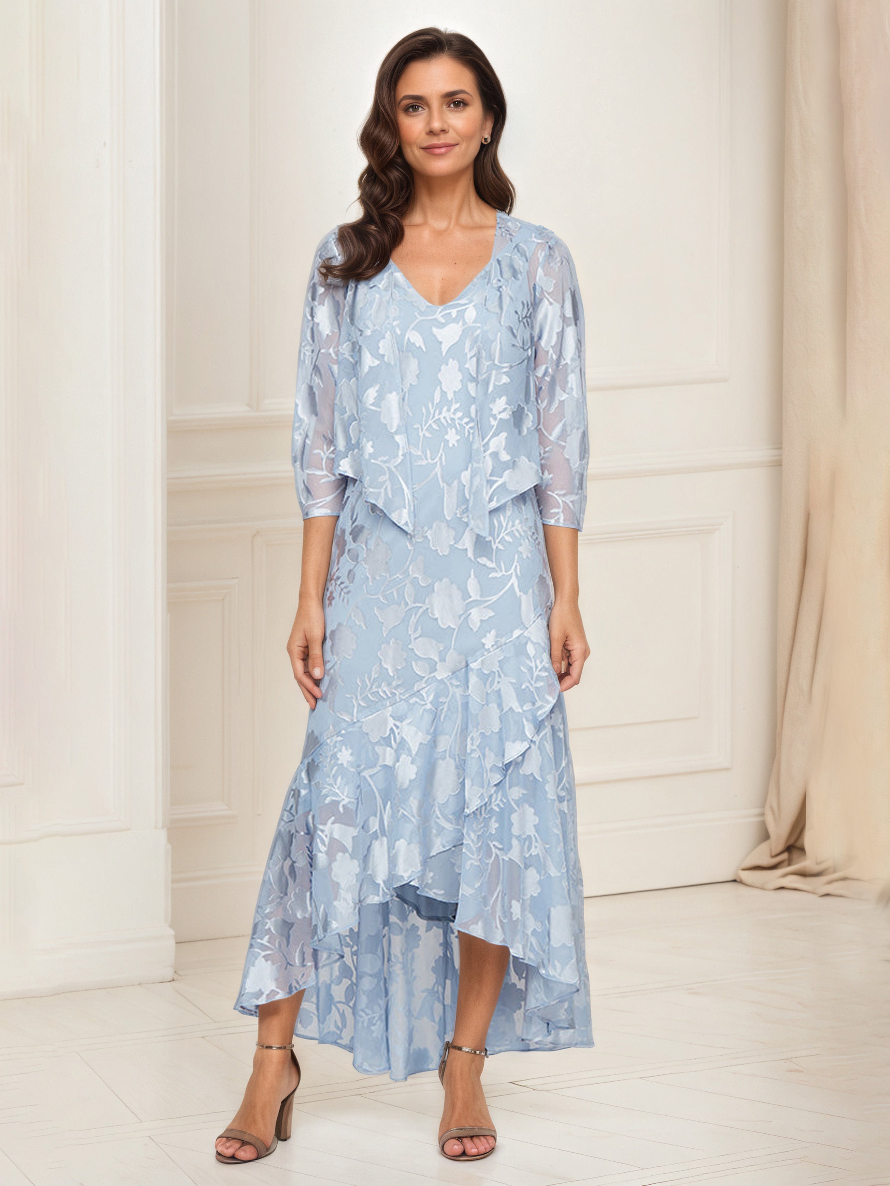 Tenue Mère De la Mariée Très Chic BLEU_CIEL Robe Ensemble Asymétrique en Forme de Tulipe Avec Manches 3/4 Veste