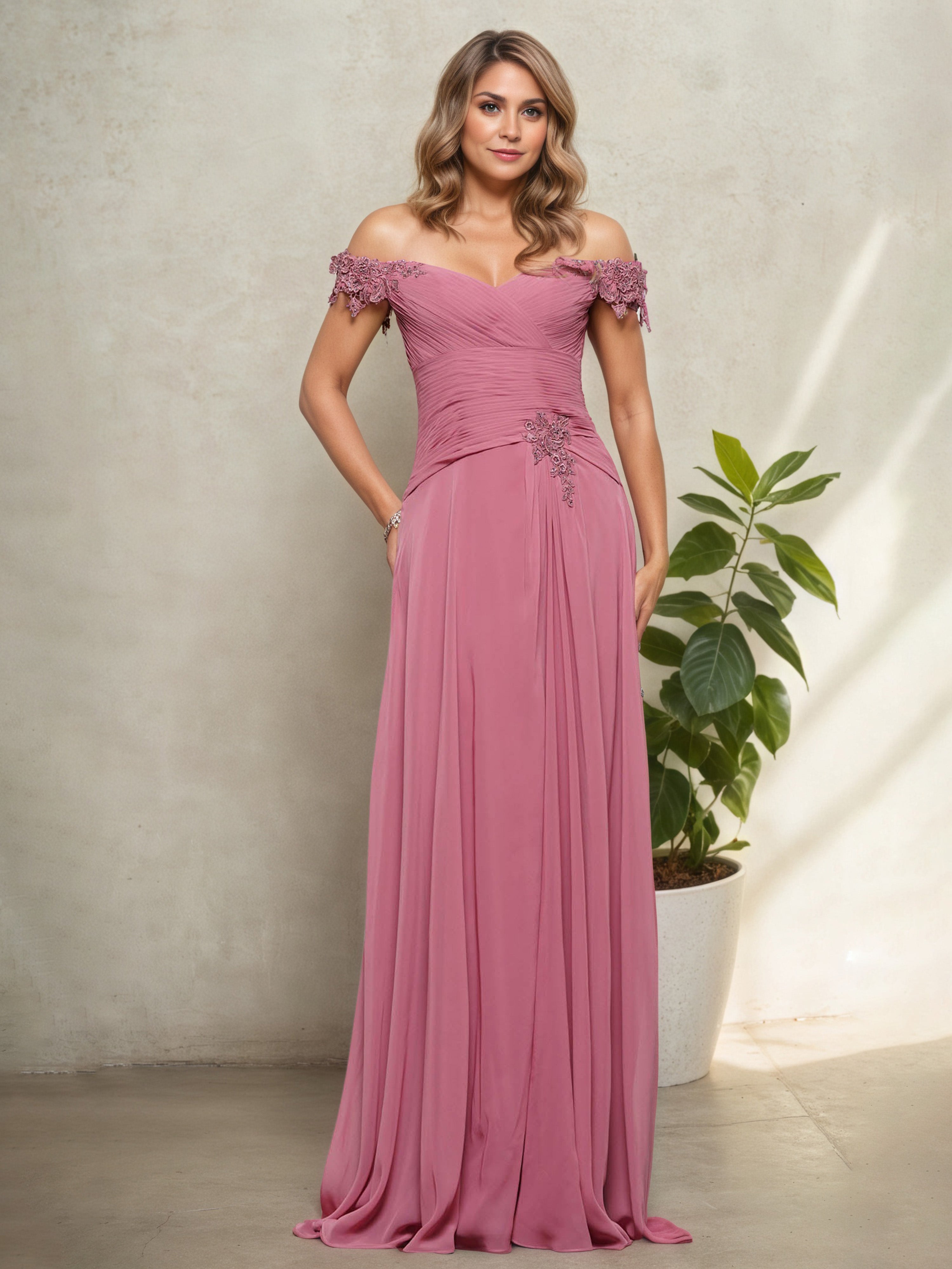 Robe de Cérémonie Caméo_Marron pour Mère de la Mariée Style Épaules Dénudées avec Plissés Élégants