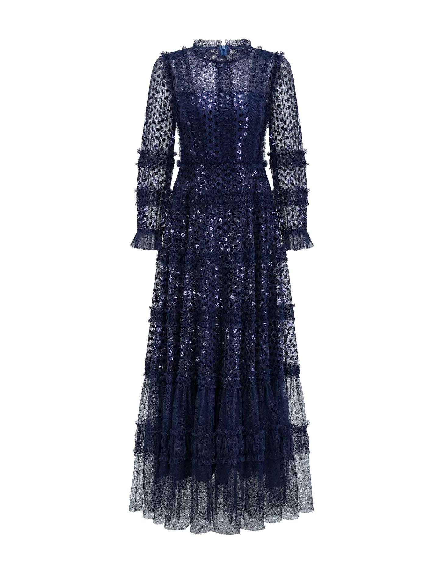 Robe Paillettes Trapèze Col Rond Manches Longues Robe de Soirée en Bleu Marine